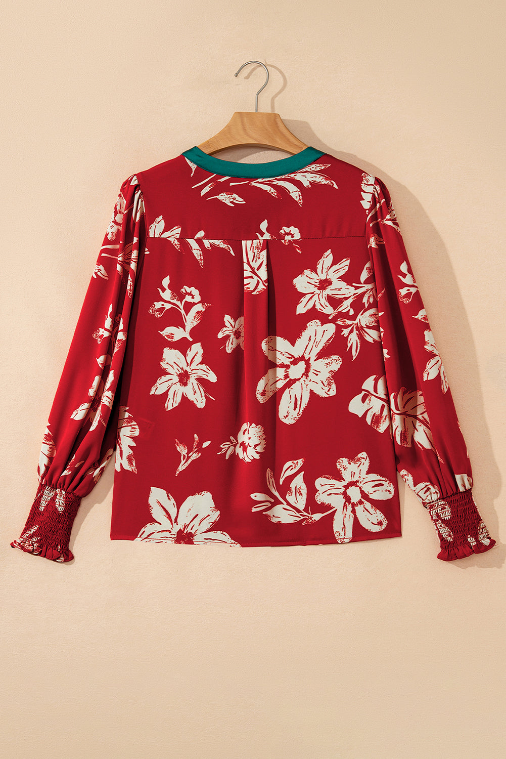 Red Contrast Tied Neck Shirred Puff Sleeve Flower Blouse-Tops/Blouses & Shirts-[Adult]-[Female]-2022 Online Blue Zone Planet