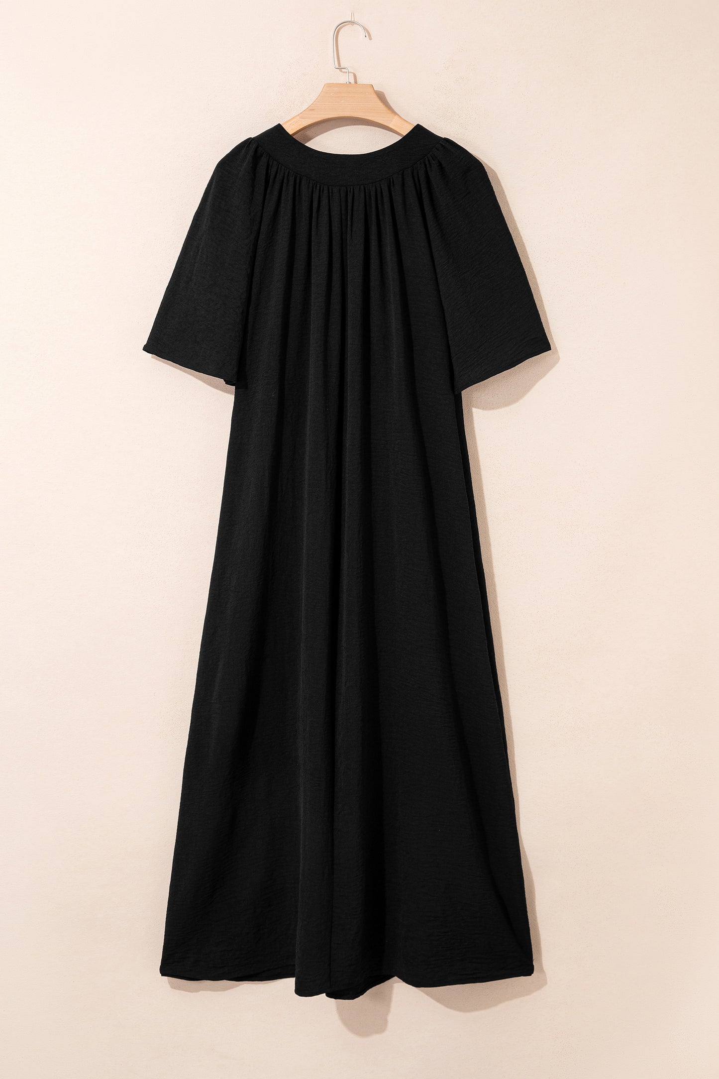 Black Plus Size Solid Color Notched Neck Short Sleeve Loose Dress-TOPS / DRESSES-[Adult]-[Female]-2022 Online Blue Zone Planet