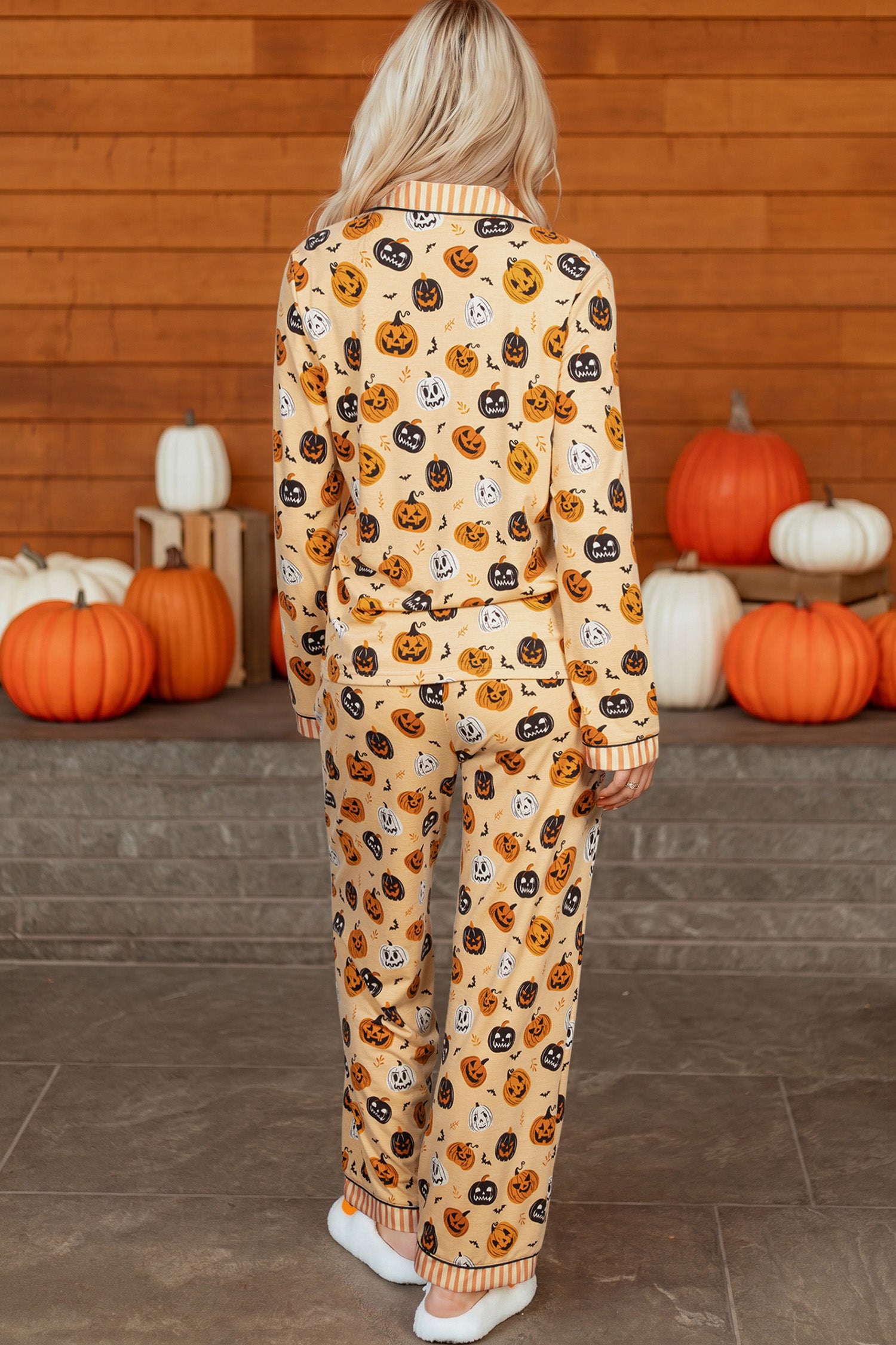 Orange Halloween Pumpkin Print Two Piece Long Sleeve Lounge Set-Loungewear & Sleepwear/Loungewear-[Adult]-[Female]-2022 Online Blue Zone Planet