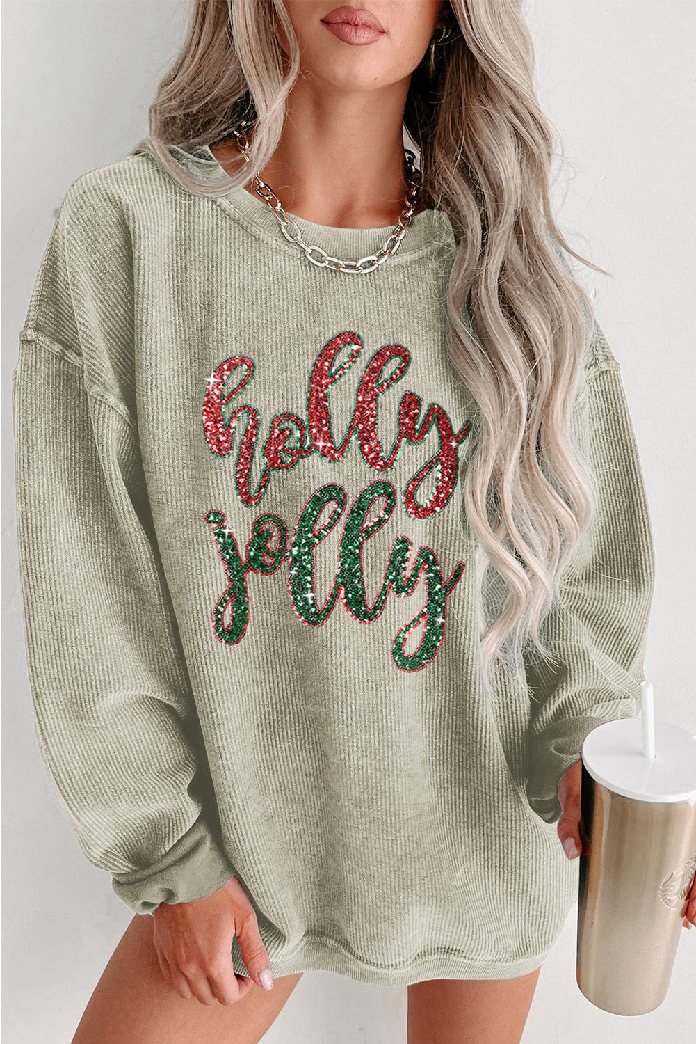 Green Sequined holly jolly Graphic Corded Sweatshirt-Graphic/Graphic Sweatshirts-[Adult]-[Female]-Green-S-2022 Online Blue Zone Planet