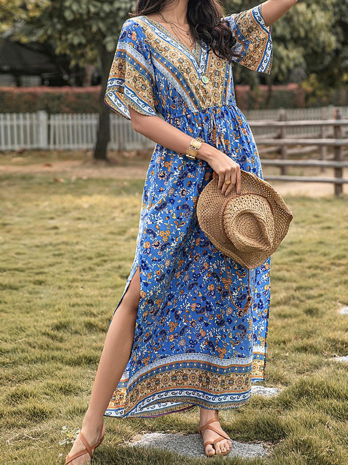 Blue Zone Planet | Slit Printed V-Neck Half Sleeve Maxi Dress-TOPS / DRESSES-[Adult]-[Female]-2022 Online Blue Zone Planet