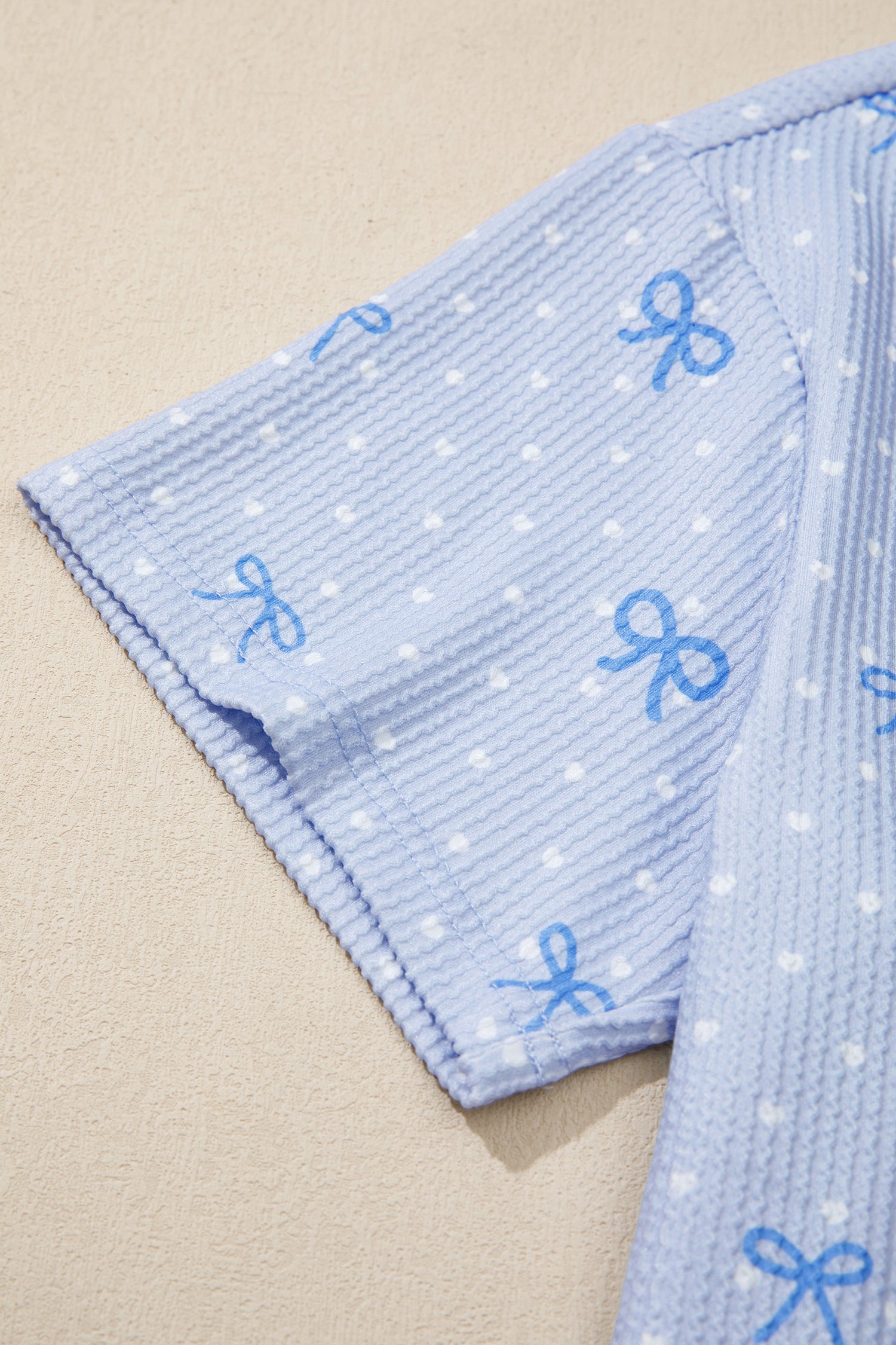 Sky Blue Tiny Heart Bow Print Twisted Rib Loose 2pcs Short Set-Two Piece Sets/Short Sets-[Adult]-[Female]-2022 Online Blue Zone Planet