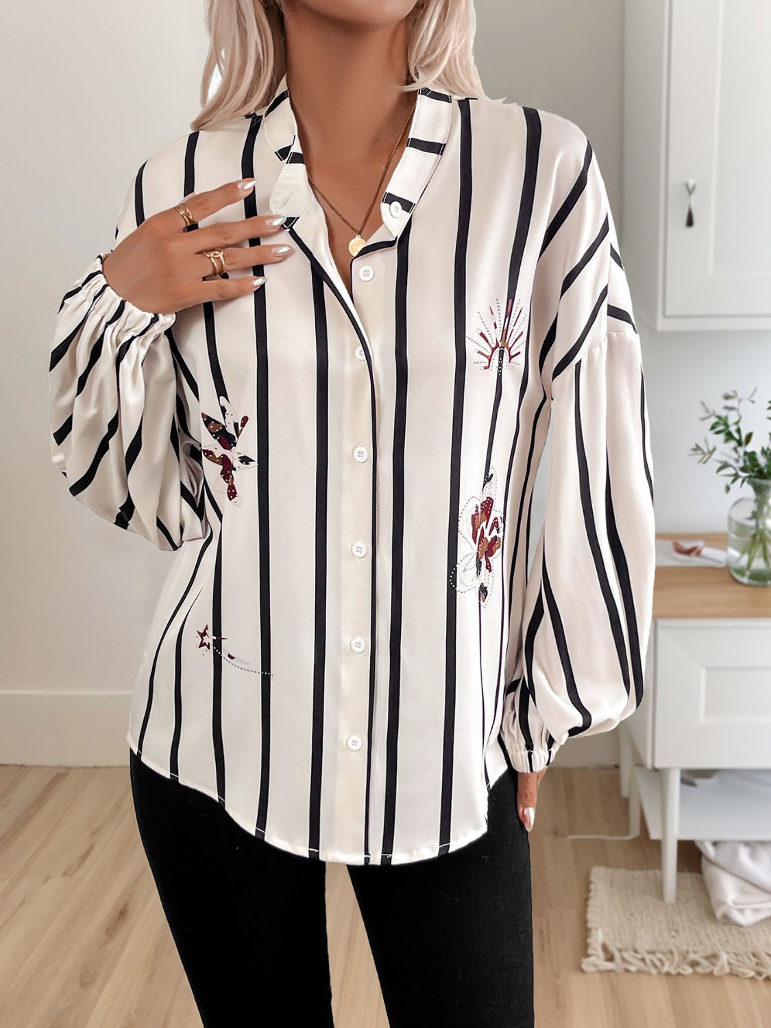 Blue Zone Planet | Perfee Striped Collared Neck Long Sleeve Shirt-TOPS / DRESSES-[Adult]-[Female]-2022 Online Blue Zone Planet