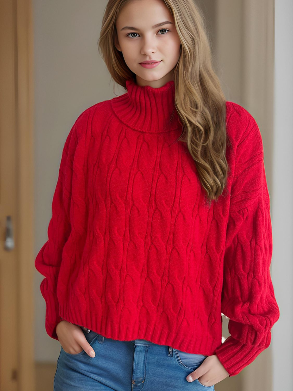 Cable-Knit Turtleneck Long Sleeve Sweater-TOPS / DRESSES-[Adult]-[Female]-2022 Online Blue Zone Planet