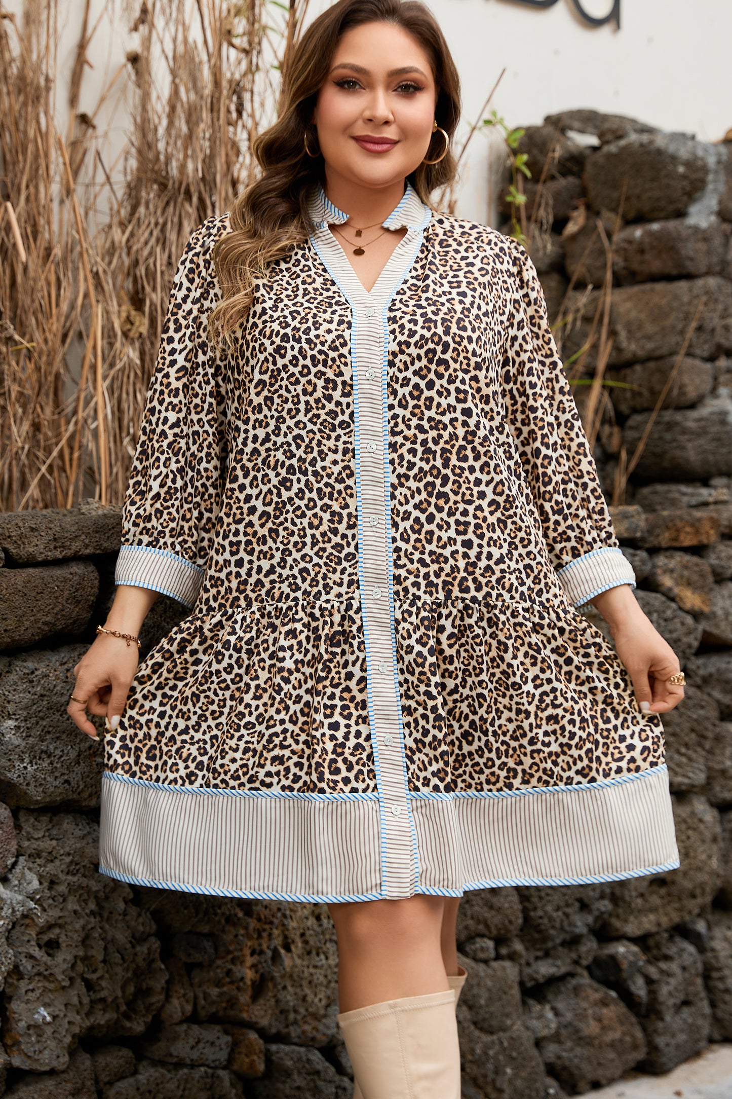 Khaki Plus Size Leopard Print Striped Trim V Neck Drop Waist Long Sleeve Mini Dress-TOPS / DRESSES-[Adult]-[Female]-2022 Online Blue Zone Planet