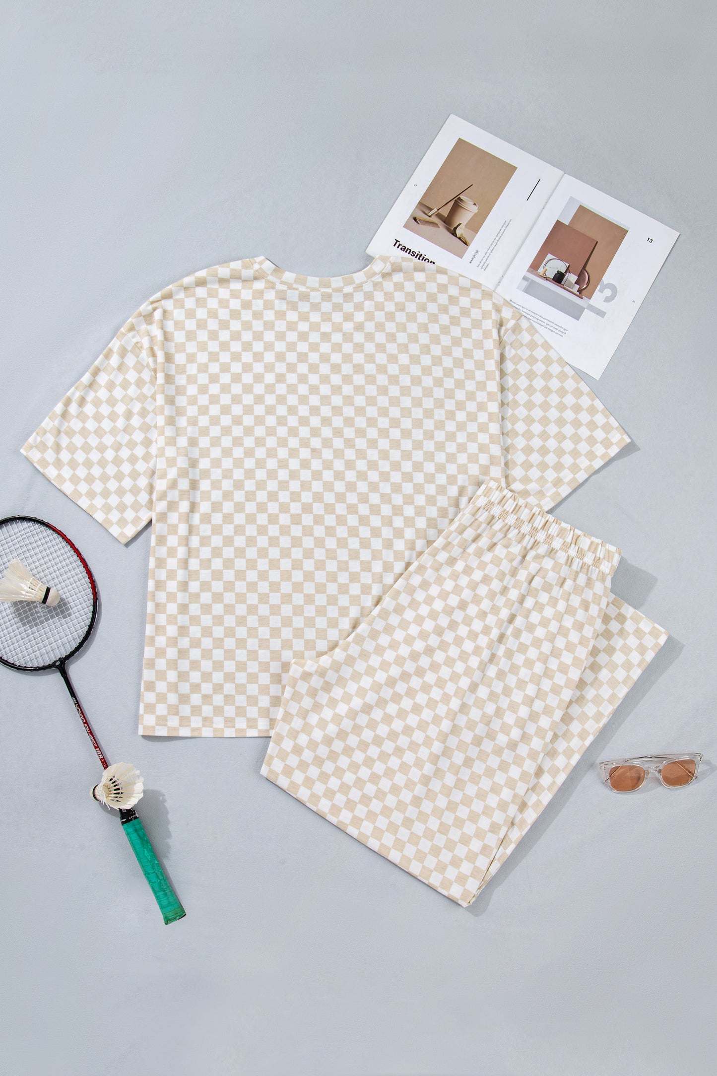 Khaki Plus Size Checkered Print Half Sleeve Tee Loose Pants Two-piece Lounge Set-Plus Size/Plus Size Bottoms-[Adult]-[Female]-2022 Online Blue Zone Planet