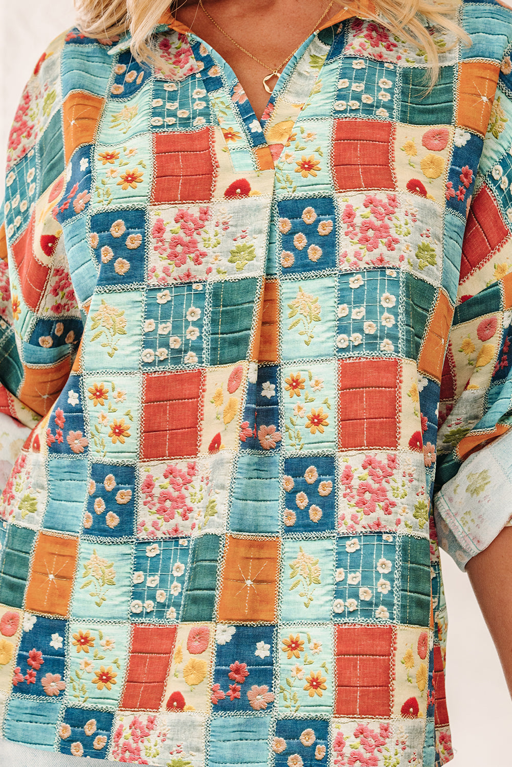 Sky Blue Floral Collared V Neck Roll up Sleeve Shift Blouse-Tops/Blouses & Shirts-[Adult]-[Female]-2022 Online Blue Zone Planet