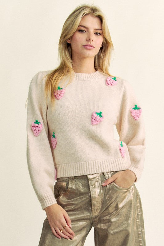 Davi & Dani Crochet Strawberry Round Neck Sweater-TOPS / DRESSES-[Adult]-[Female]-Beige-S-2022 Online Blue Zone Planet