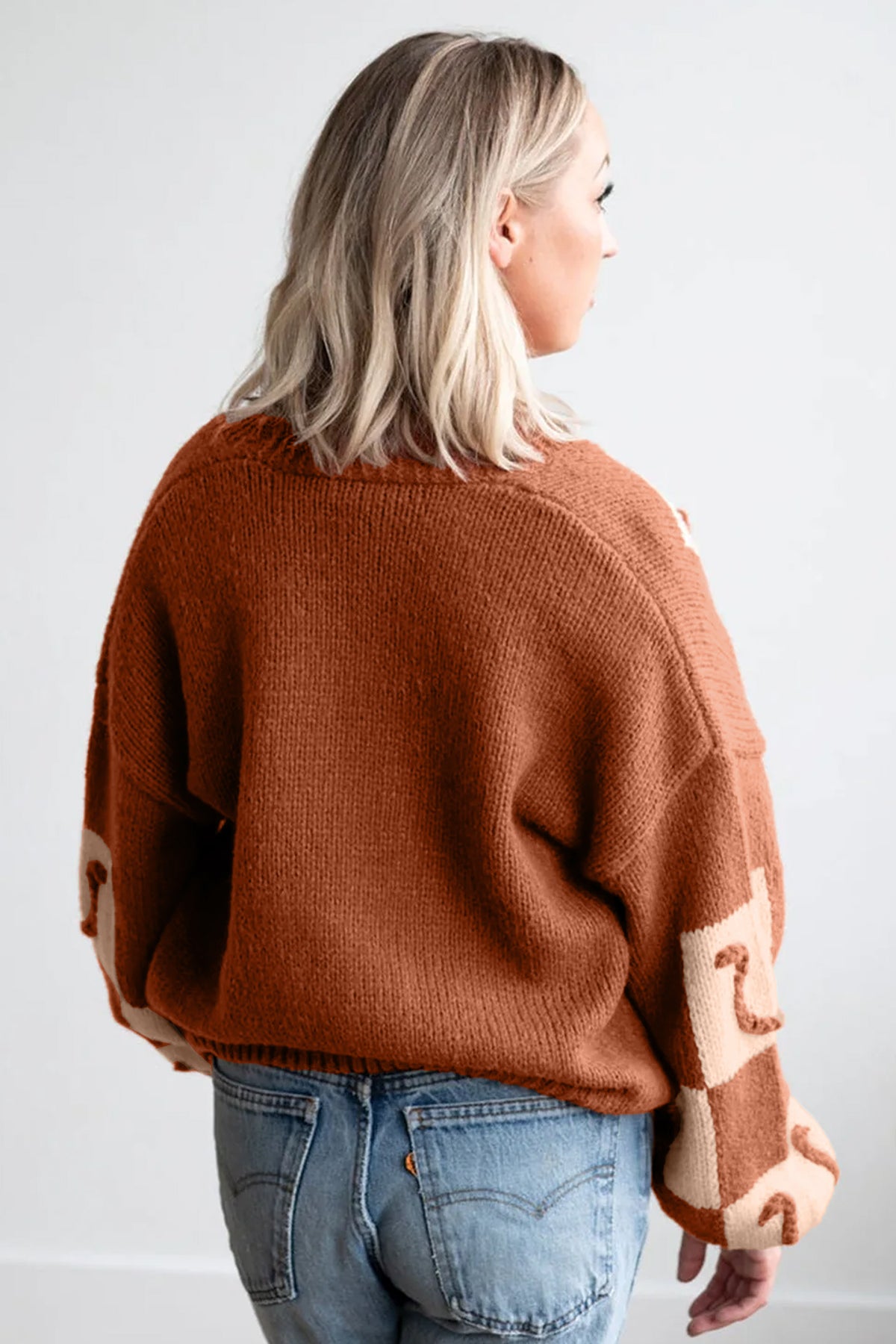 Brown Horseshoe Plaid V Neck Knit Button Front Sweater Cardigan-Sweaters & Cardigans/Cardigans-[Adult]-[Female]-2022 Online Blue Zone Planet
