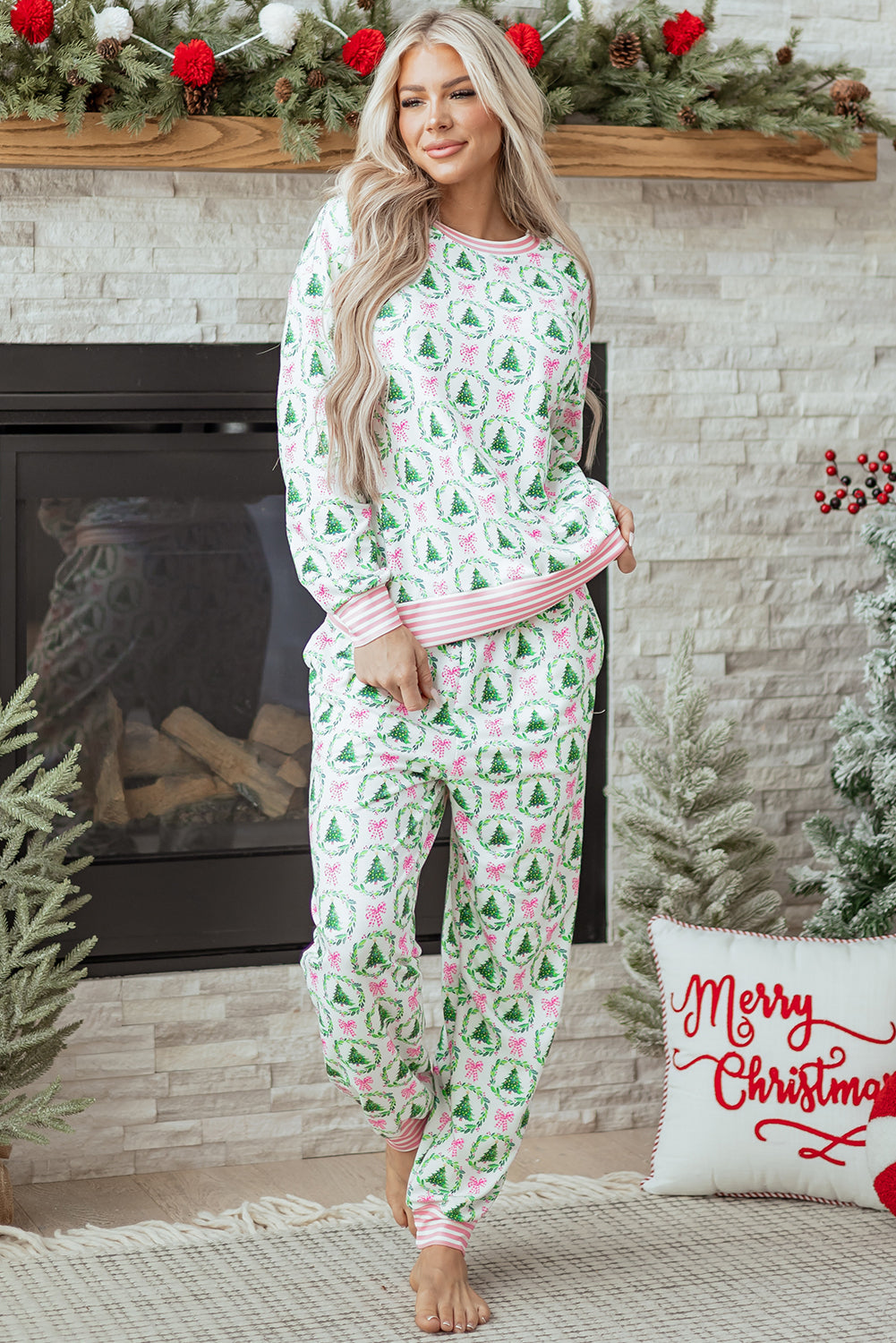 Green Bow Christmas Tree Print Contrast Striped Banding 2pcs Lounge Set-Loungewear & Sleepwear/Loungewear-[Adult]-[Female]-2022 Online Blue Zone Planet