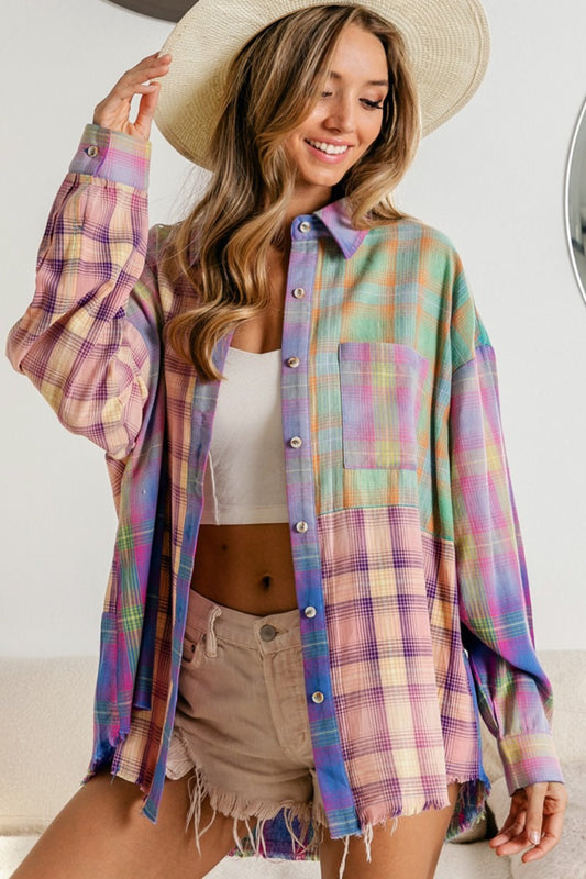 Blue Zone Planet | BiBi Plaid Color Block Button Up Shirt-TOPS / DRESSES-[Adult]-[Female]-Blush Multi-S-2022 Online Blue Zone Planet