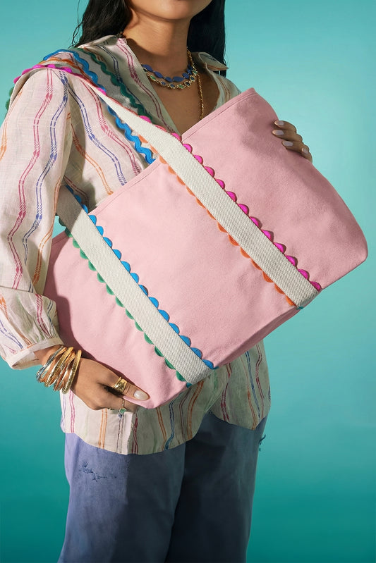 Pink Colorful Ricrac Detail Canvas Tote Bag-Shoes & Bags/Shoulder Bags-[Adult]-[Female]-Pink-ONE SIZE-2022 Online Blue Zone Planet