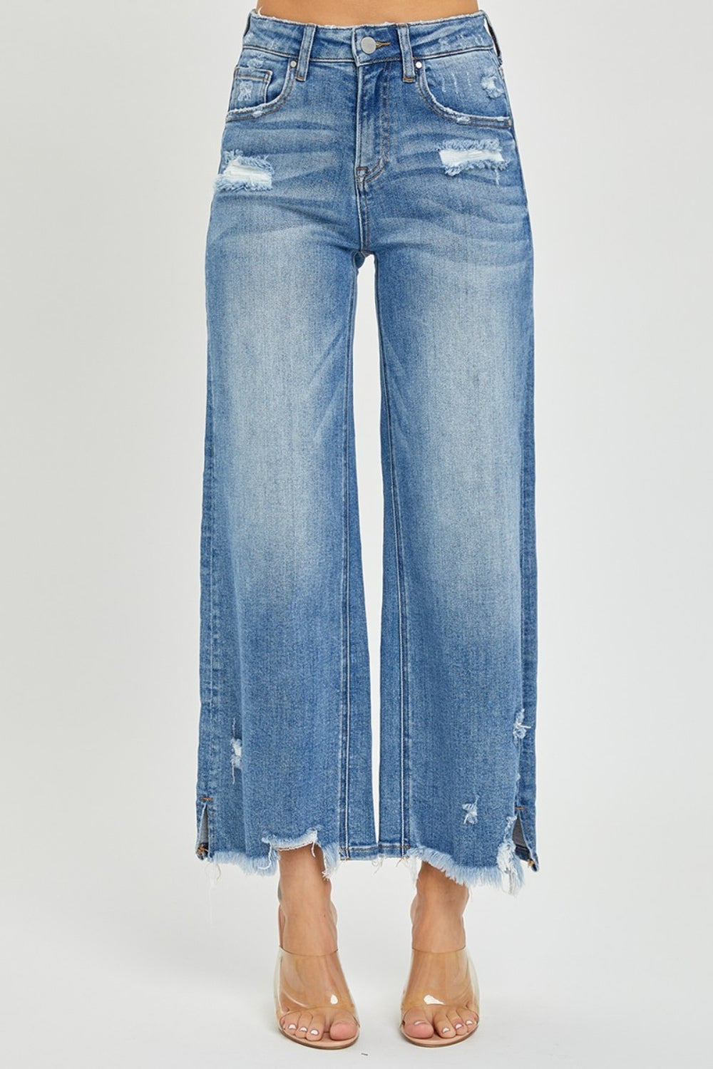 RISEN High Rise Side Slit Raw Hem Cropped Jeans-BOTTOM SIZES SMALL MEDIUM LARGE-[Adult]-[Female]-2022 Online Blue Zone Planet