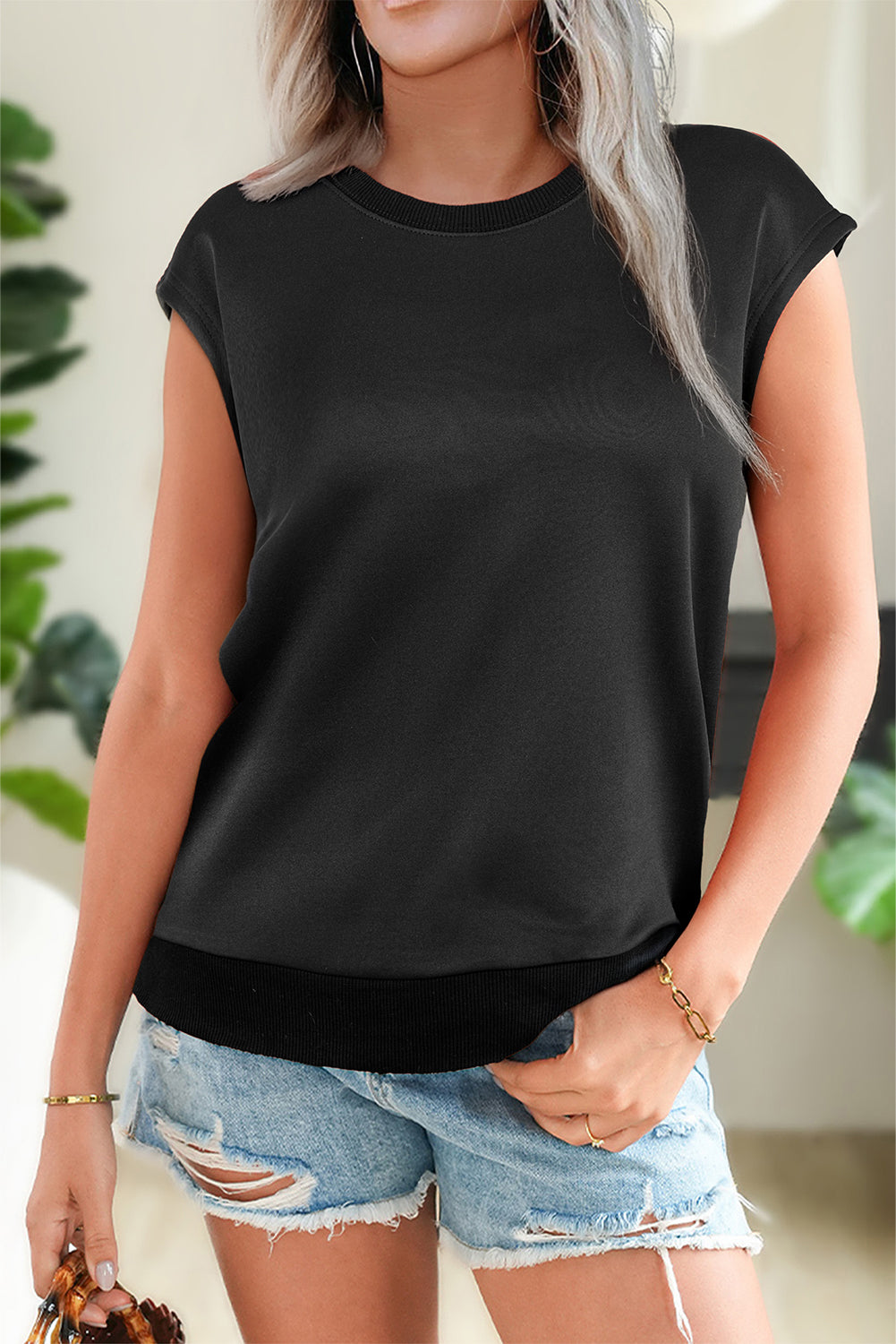 Black Solid Color Ribbed Trim Round Neck Cap Sleeve Casual Sweatshirt-Tops/Sweatshirts & Hoodies-[Adult]-[Female]-2022 Online Blue Zone Planet