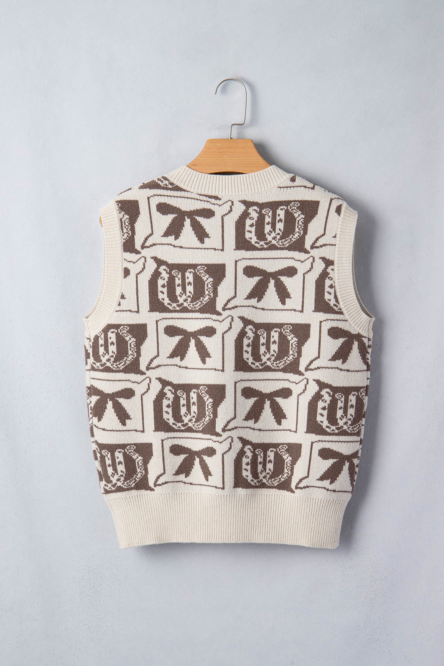 Brown Western Horseshoe Bow Printed V Neck Loose Sweater Vest-Sweaters & Cardigans/Sweater Vests-[Adult]-[Female]-2022 Online Blue Zone Planet