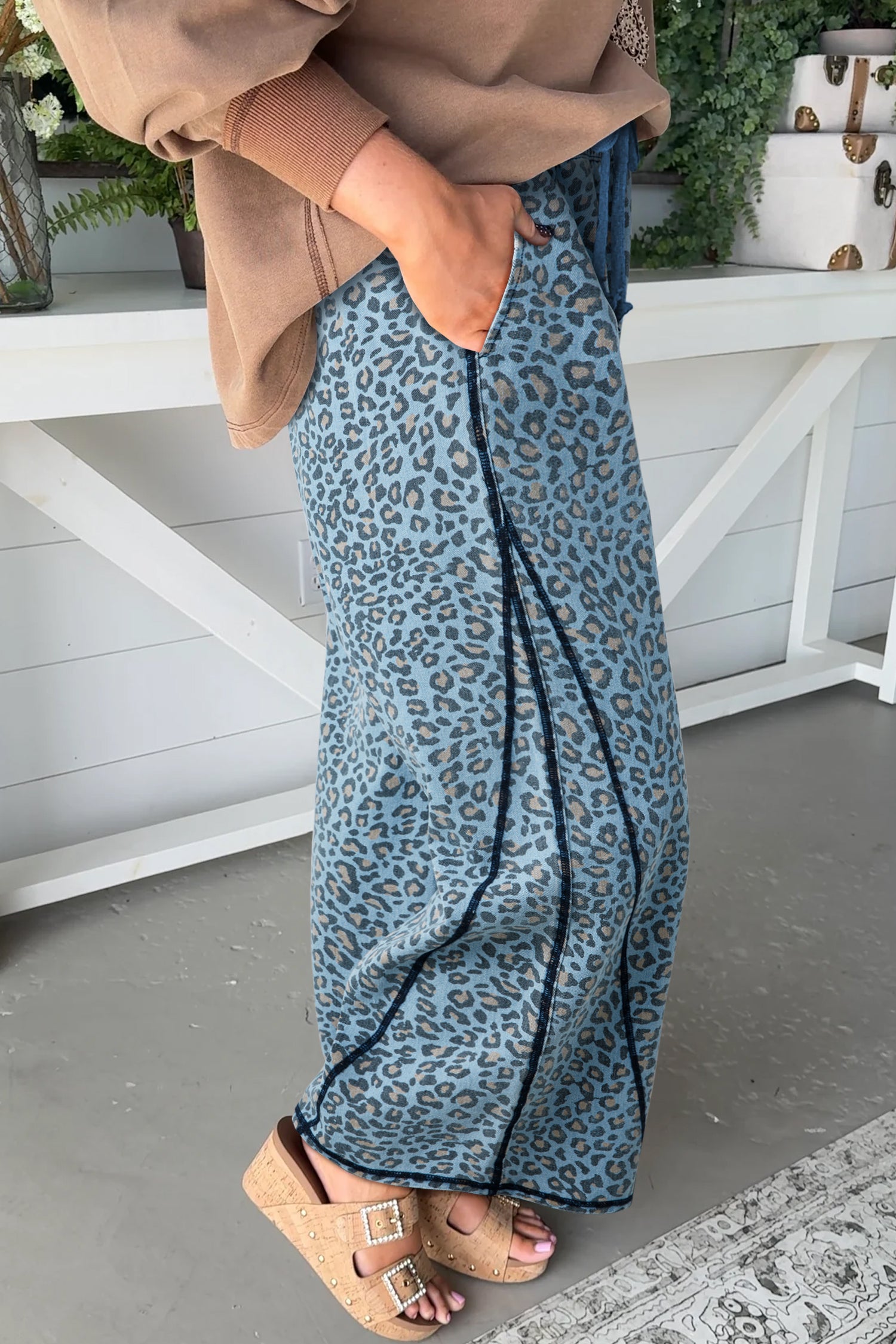Blue Leopard Print Exposed Seam Detail Wide Leg Drawstring Jeans-Bottoms/Jeans-[Adult]-[Female]-2022 Online Blue Zone Planet