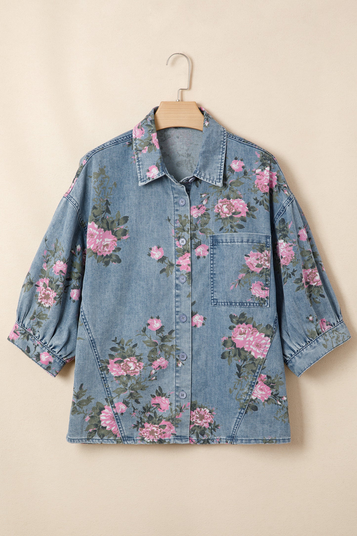 Blue Bracelet Sleeve Floral Denim Shirt-Bracelet-[Adult]-[Female]-2022 Online Blue Zone Planet