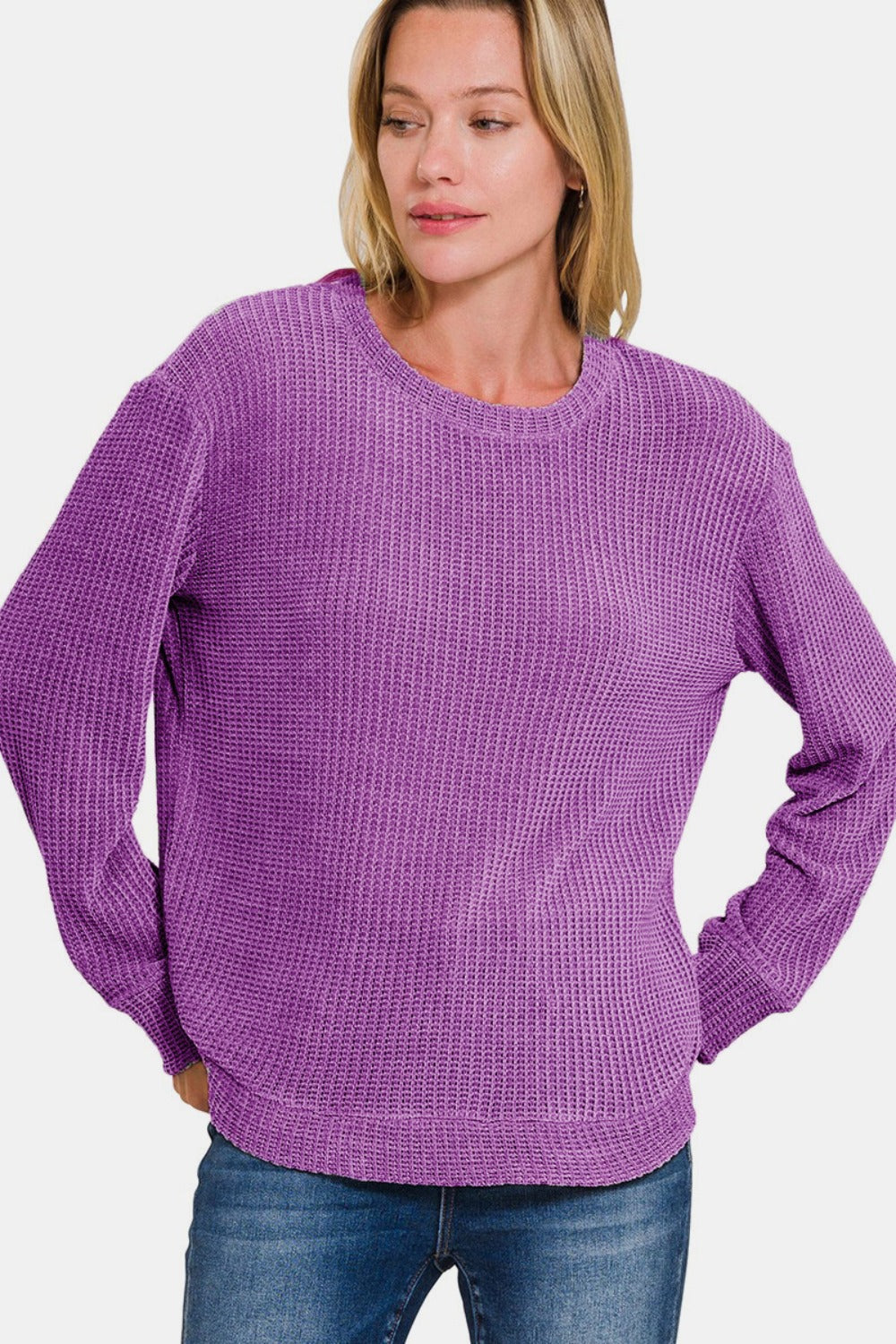 Zenana Chenille Waffle Round Neck Sweater-TOPS / DRESSES-[Adult]-[Female]-2022 Online Blue Zone Planet