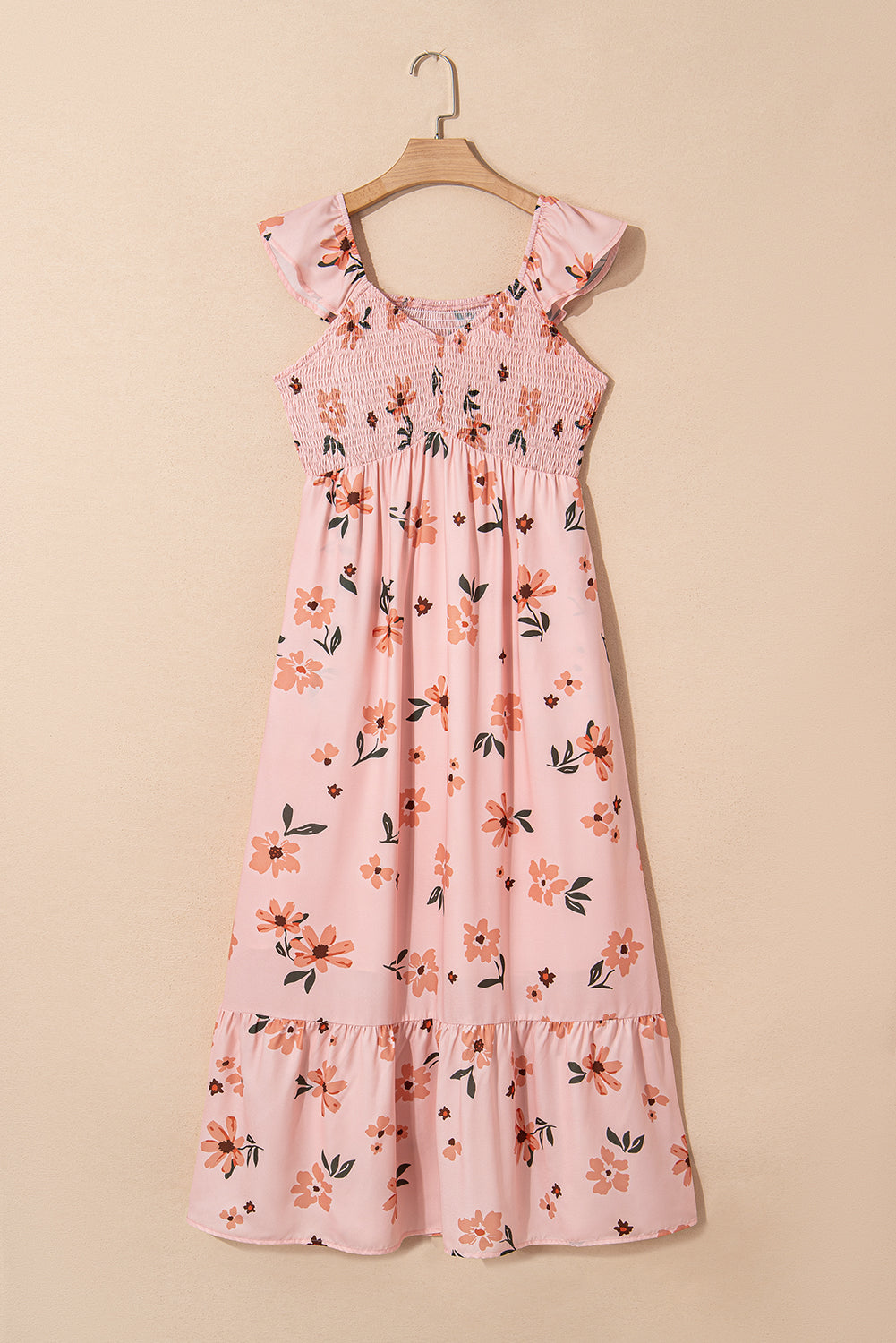 Pink Floral V Neck Smocked High Waist Ruffle Hem Long Dress-Dresses/Maxi Dresses-[Adult]-[Female]-2022 Online Blue Zone Planet