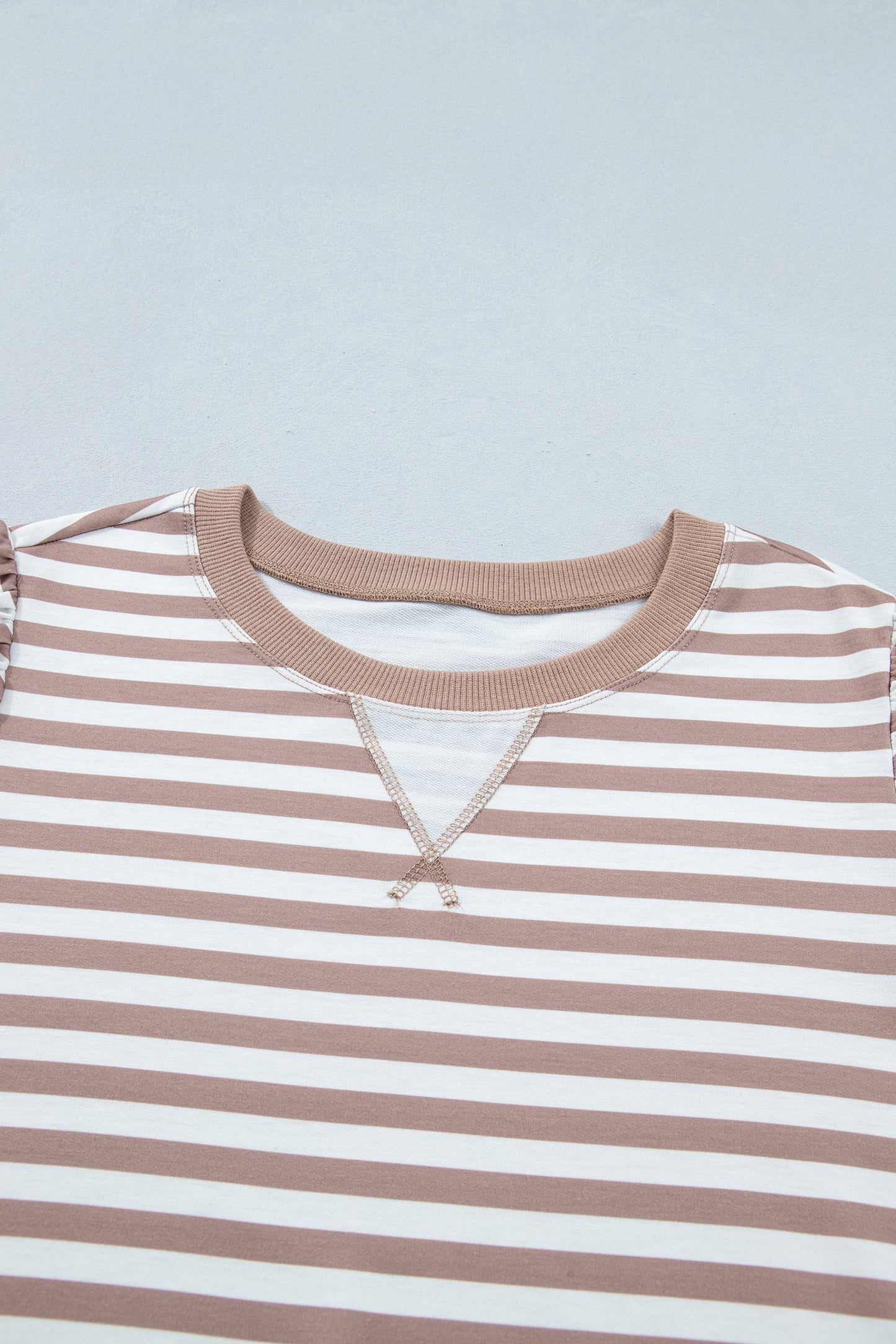 Orange Stripe Ribbed Trim Round Neck Short Puff Sleeve Plus T Shirt-Plus Size/Plus Size Tops-[Adult]-[Female]-2022 Online Blue Zone Planet