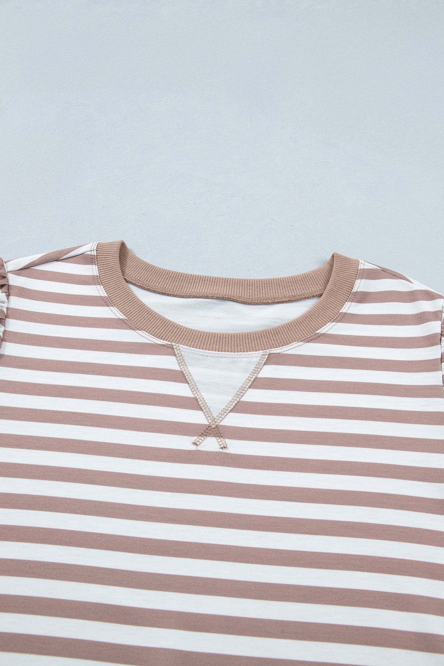 Orange Stripe Ribbed Trim Round Neck Short Puff Sleeve Plus T Shirt-Plus Size/Plus Size Tops-[Adult]-[Female]-2022 Online Blue Zone Planet