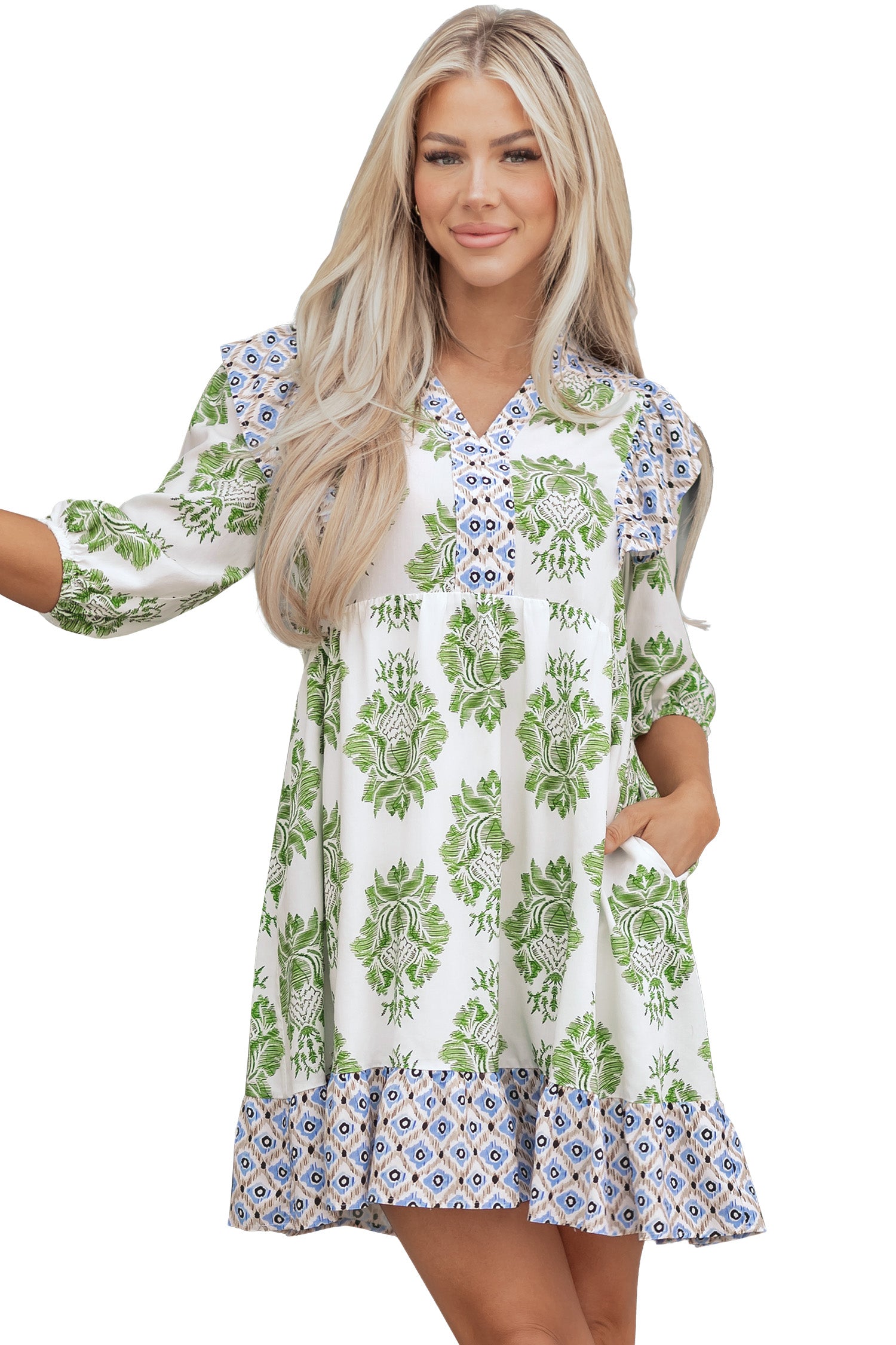 Green Floral Print Contrast Patchwork Ruffle Detail Mini Dress-TOPS / DRESSES-[Adult]-[Female]-2022 Online Blue Zone Planet