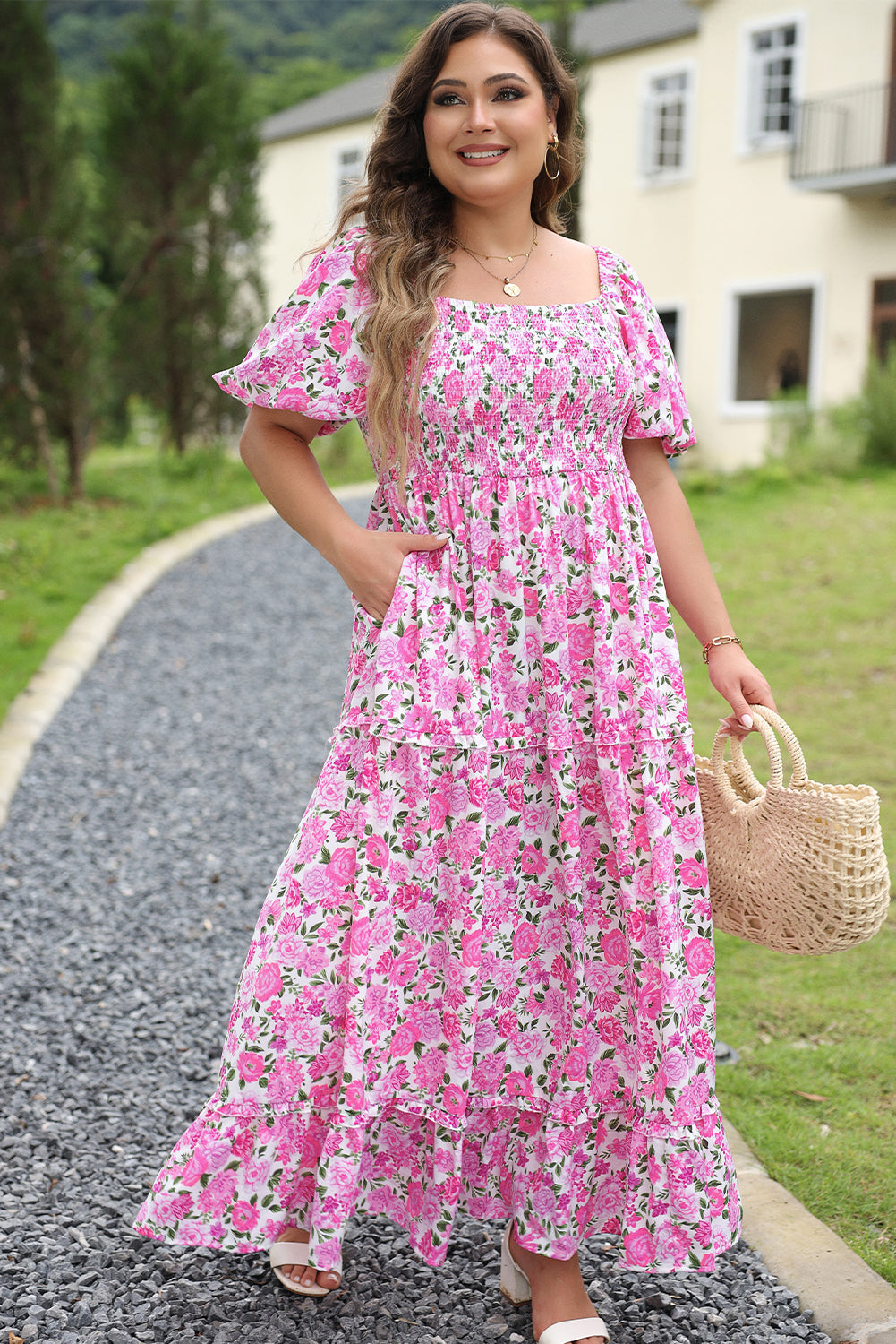 Blue Zone Planet | Pink Plus Size Floral Print Smocked Puff Sleeve Dress-TOPS / DRESSES-[Adult]-[Female]-2022 Online Blue Zone Planet