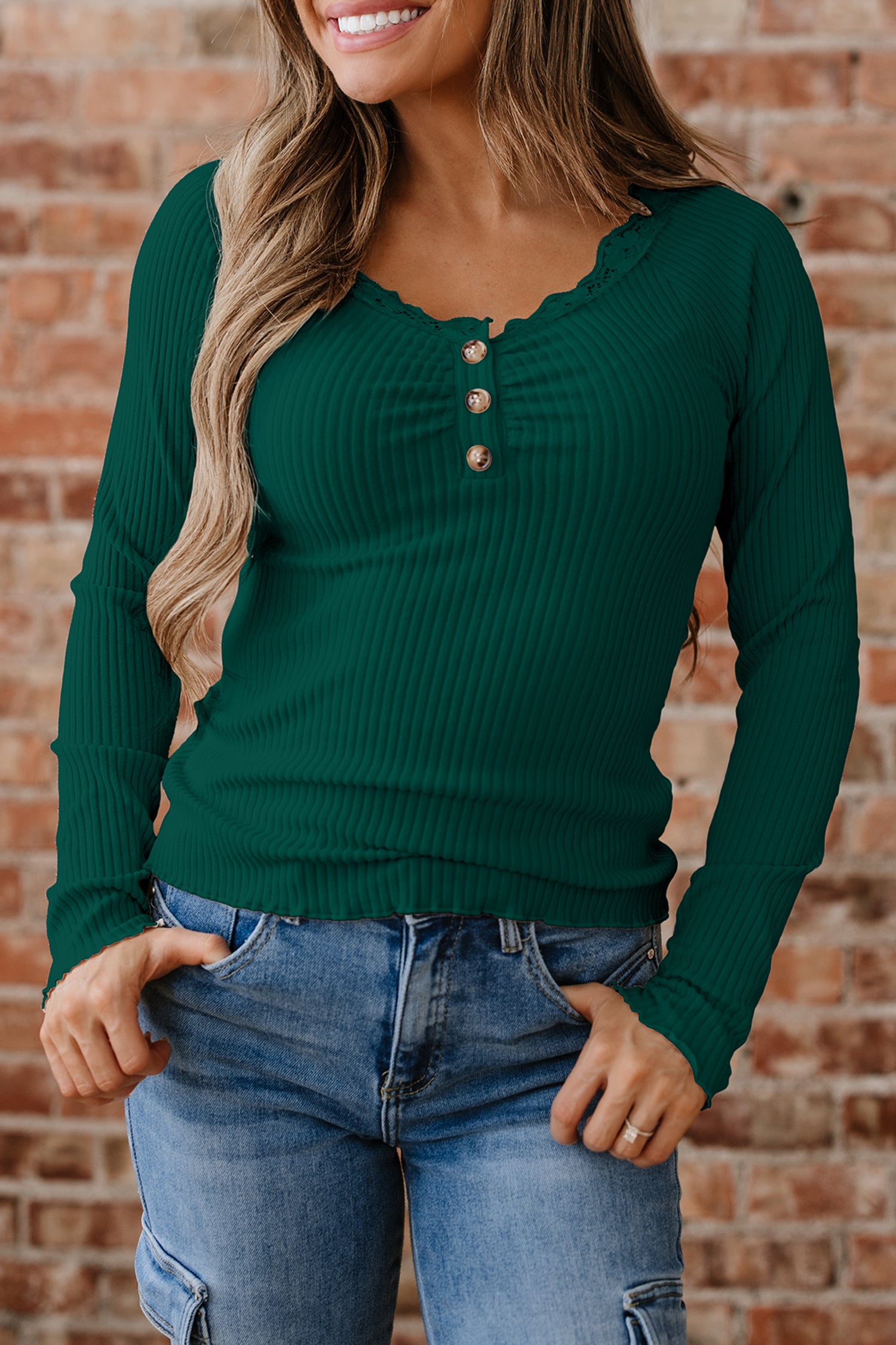 Skobeloff Lace Neckline Button Decor Lettuce Edge Long Sleeve Ribbed Top-Tops/Long Sleeve Tops-[Adult]-[Female]-2022 Online Blue Zone Planet