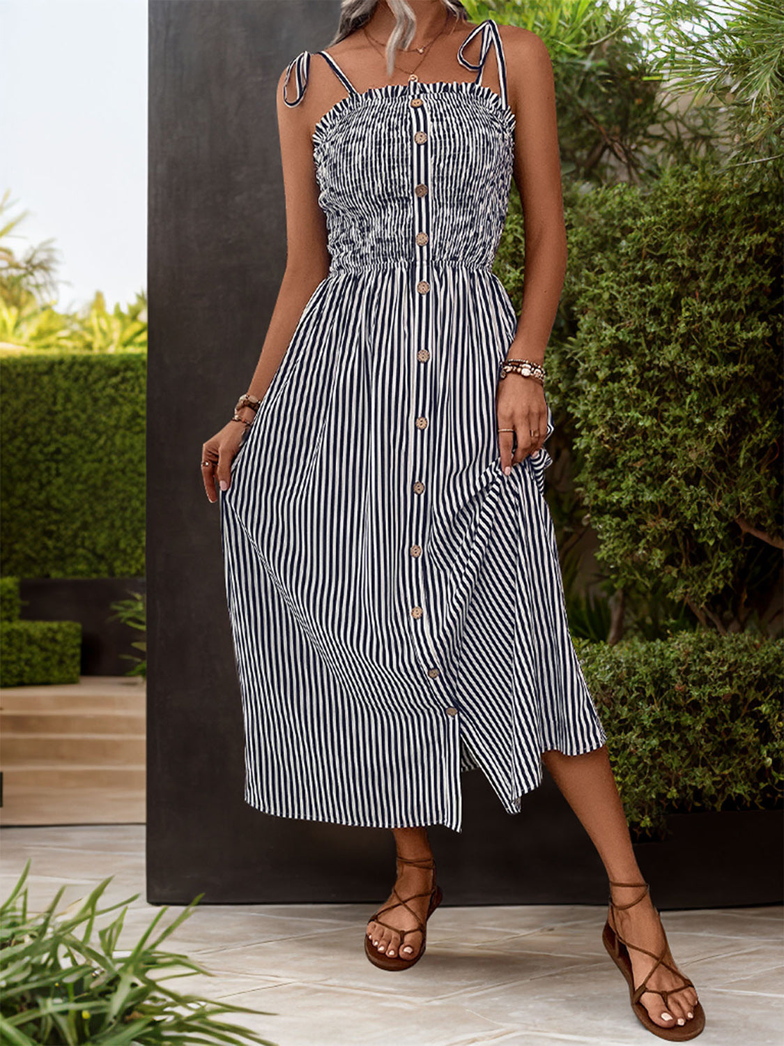 Blue Zone Planet | Tied Smocked Striped Sleeveless Midi Dress-TOPS / DRESSES-[Adult]-[Female]-2022 Online Blue Zone Planet