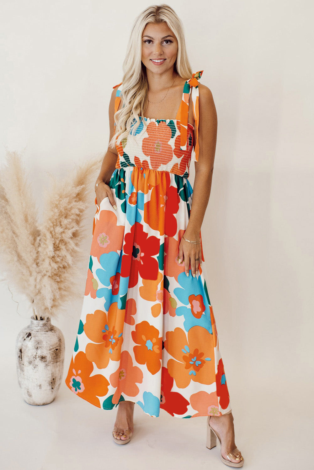Orange Floral Self Tied Straps Smocked Bust Maxi Dress-Dresses/Floral Dresses-[Adult]-[Female]-2022 Online Blue Zone Planet