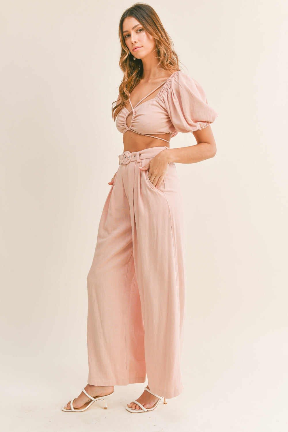 Blue Zone Planet | MABLE Cut Out Drawstring Crop Top and Belted Pants Set-TOPS / DRESSES-[Adult]-[Female]-Dusty Pink-S-2022 Online Blue Zone Planet