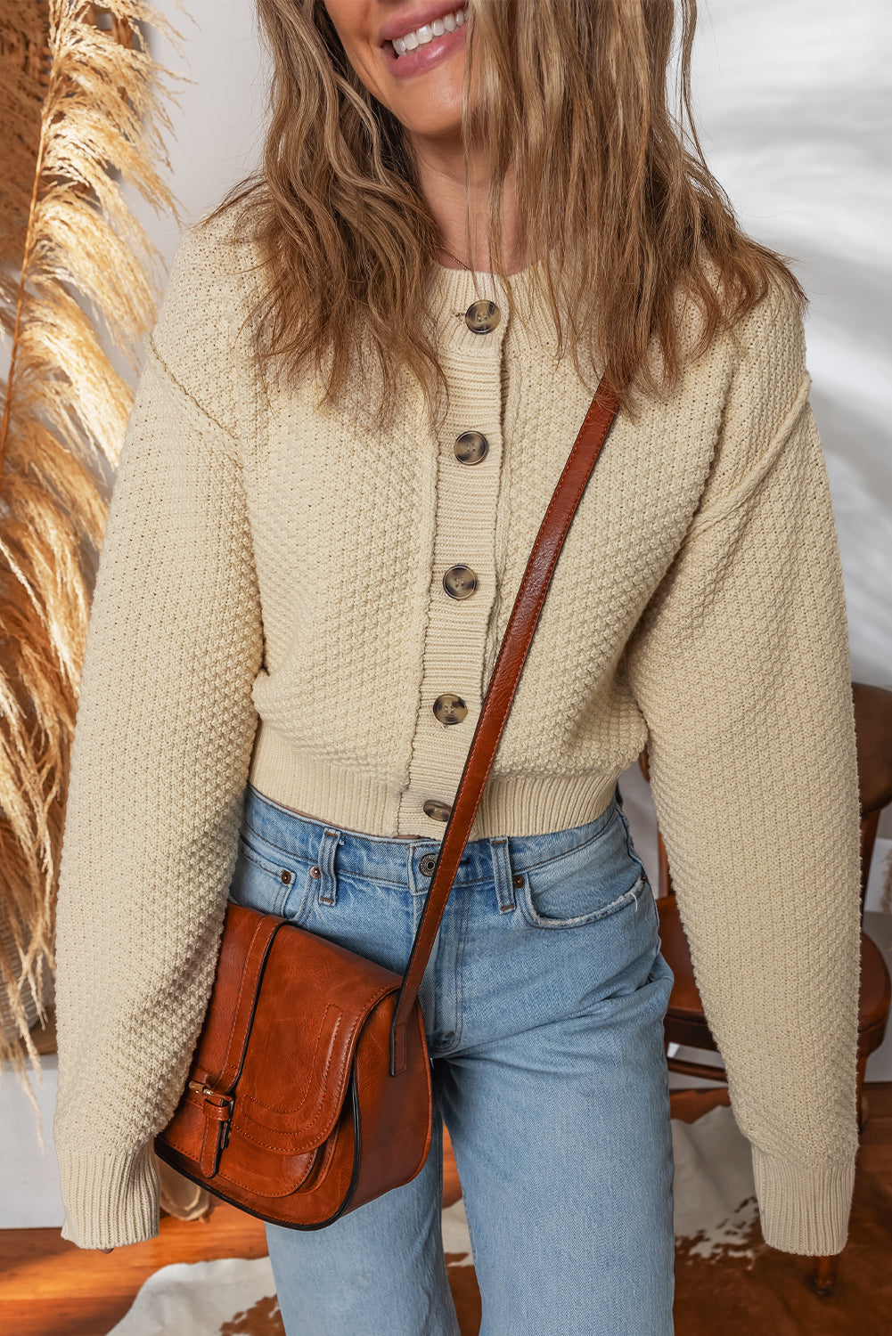 Beige Button Front Cropped Cardigan Sweater-TOPS / DRESSES-[Adult]-[Female]-2022 Online Blue Zone Planet