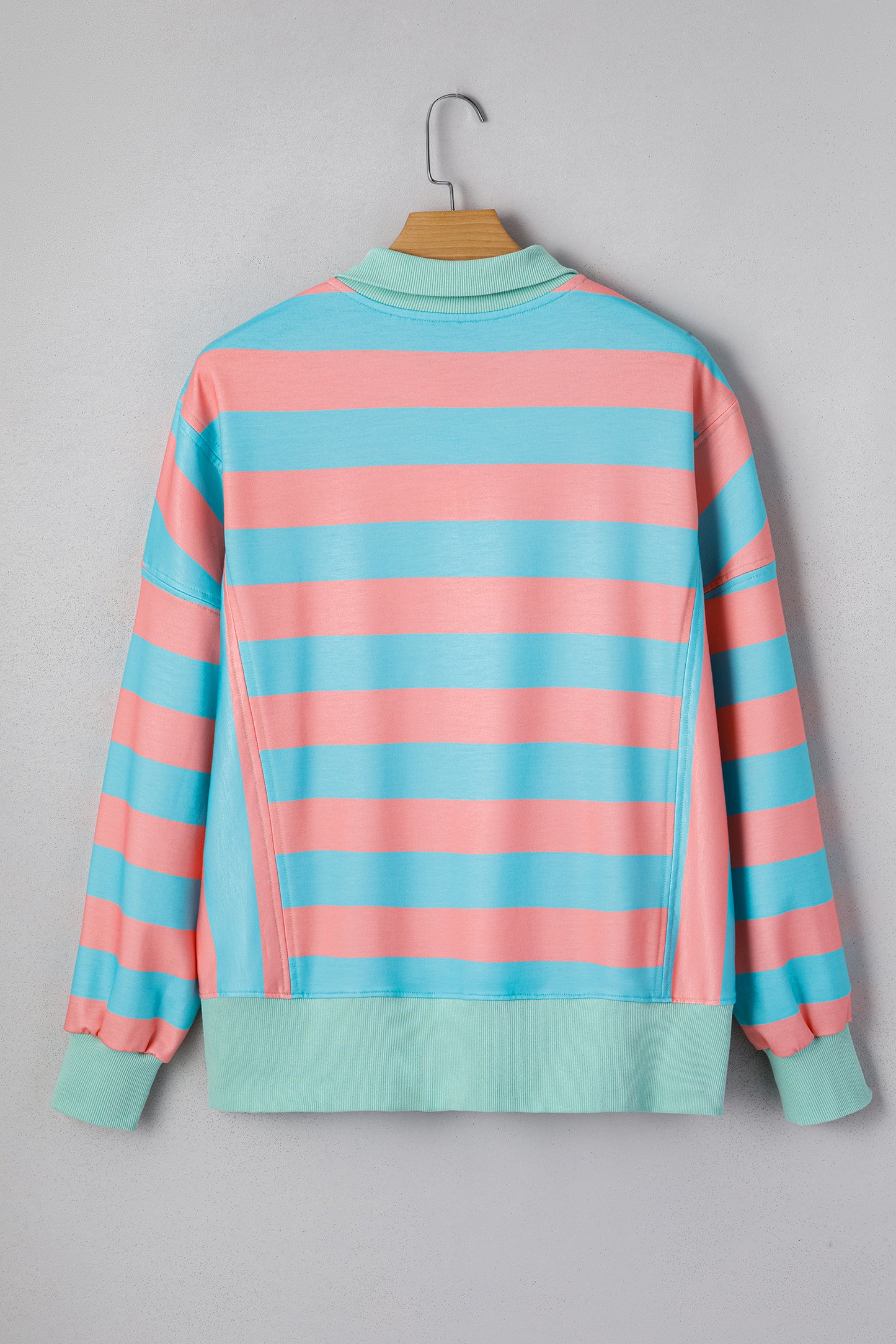 Pink Stripe Colorblock Drop Shoulder Buttoned Collar Side Slit Pullover Top-Tops/Long Sleeve Tops-[Adult]-[Female]-2022 Online Blue Zone Planet