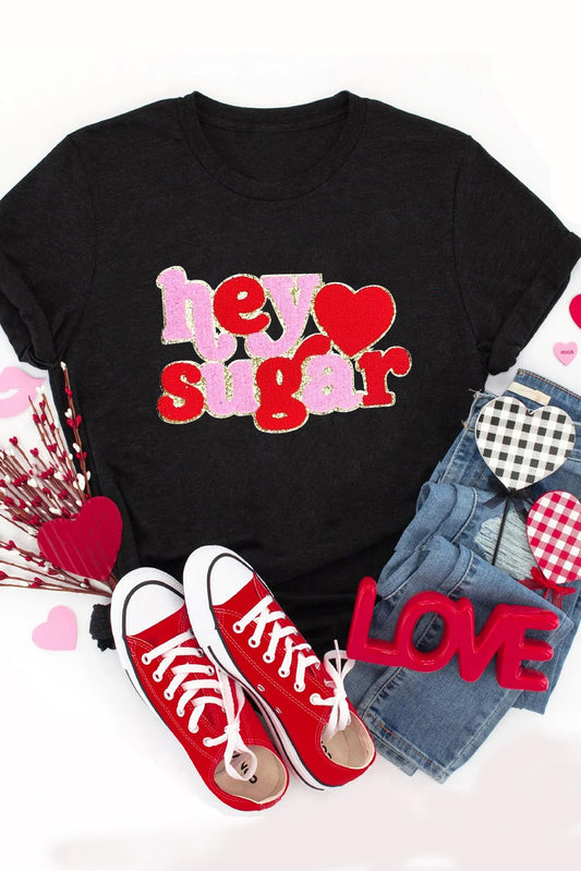 Black Chenille Heart Hey Sugar Patched Crewneck Valentines Tee-Graphic/Graphic Tees-[Adult]-[Female]-Black-S-2022 Online Blue Zone Planet