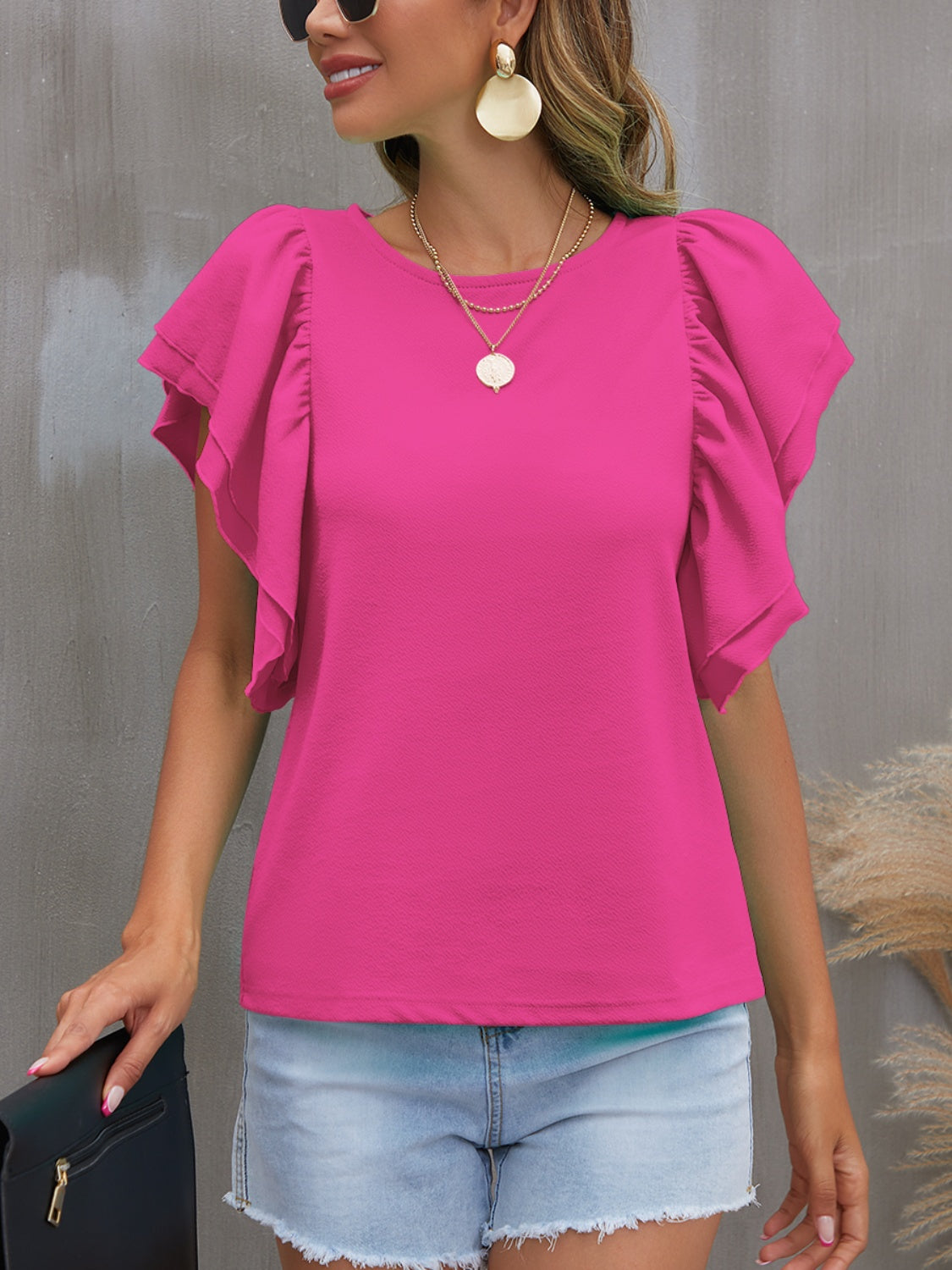 FAM-FAM Round Neck Flounce Sleeve Blouse-TOPS / DRESSES-[Adult]-[Female]-Hot Pink-S-2022 Online Blue Zone Planet