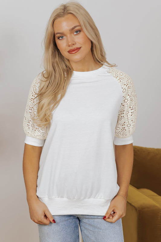 White Lace Crochet Short Sleeve Round Neck T Shirt-Tops/Tops & Tees-[Adult]-[Female]-White-S-2022 Online Blue Zone Planet
