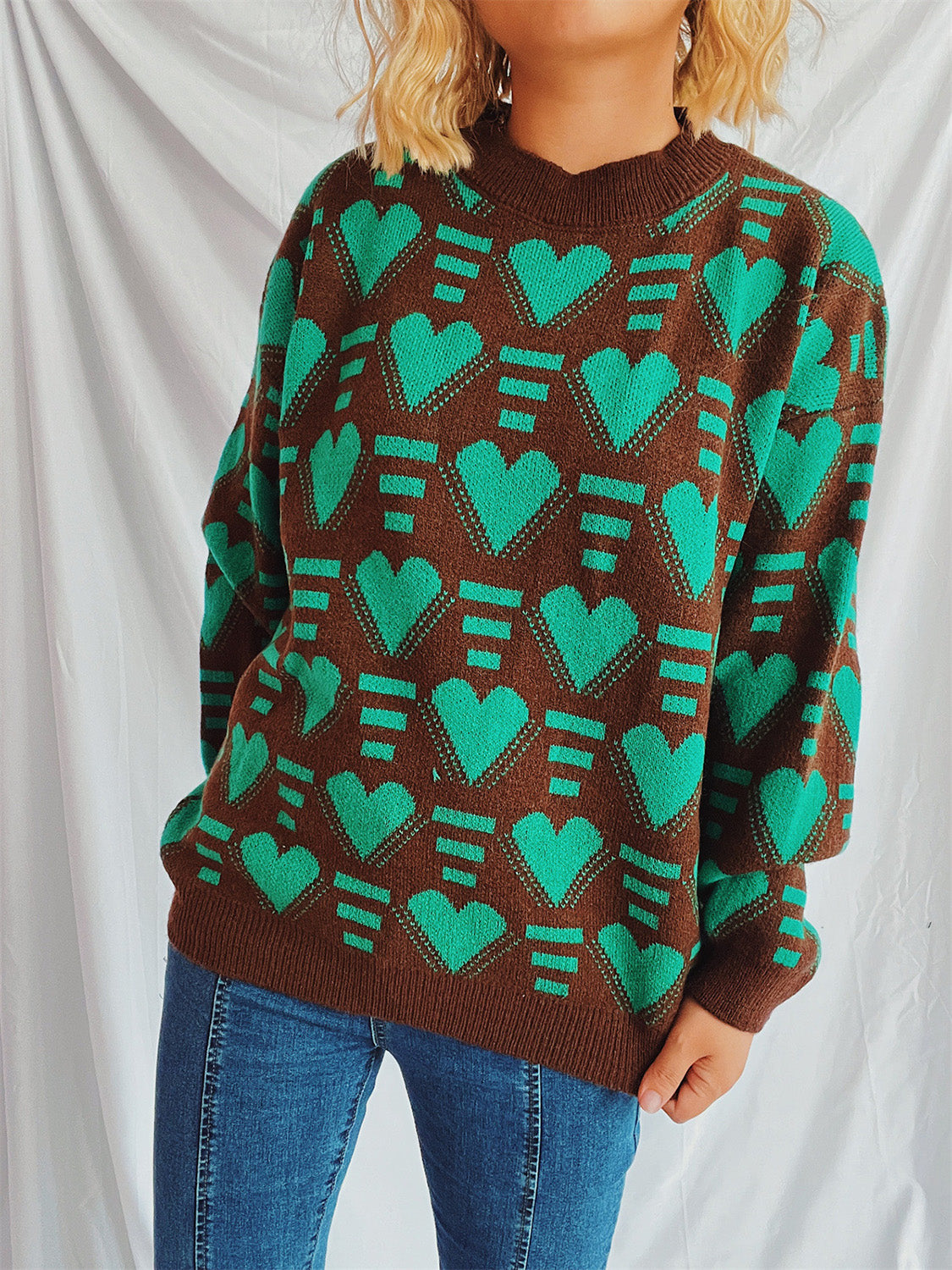 Heart Contrast Long Sleeve Dropped Shoulder Sweater-TOPS / DRESSES-[Adult]-[Female]-2022 Online Blue Zone Planet