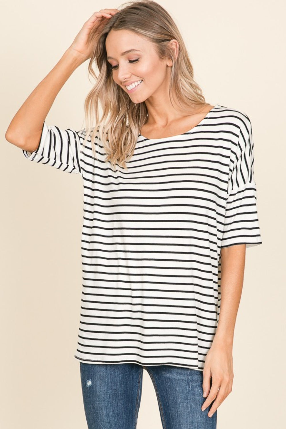 Blue Zone Planet | BOMBOM Striped Round Neck T-Shirt-TOPS / DRESSES-[Adult]-[Female]-2022 Online Blue Zone Planet