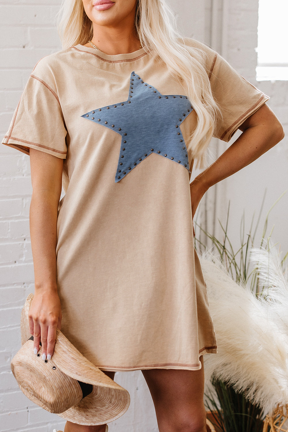 Pale Khaki Mineral Wash Stud Beaded Star Graphic Pocketed T Shirt Dress-TOPS / DRESSES-[Adult]-[Female]-2022 Online Blue Zone Planet