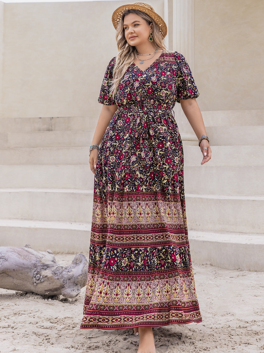 Blue Zone Planet | Plus Size Printed V-Neck Short Sleeve Maxi Dress-TOPS / DRESSES-[Adult]-[Female]-2022 Online Blue Zone Planet