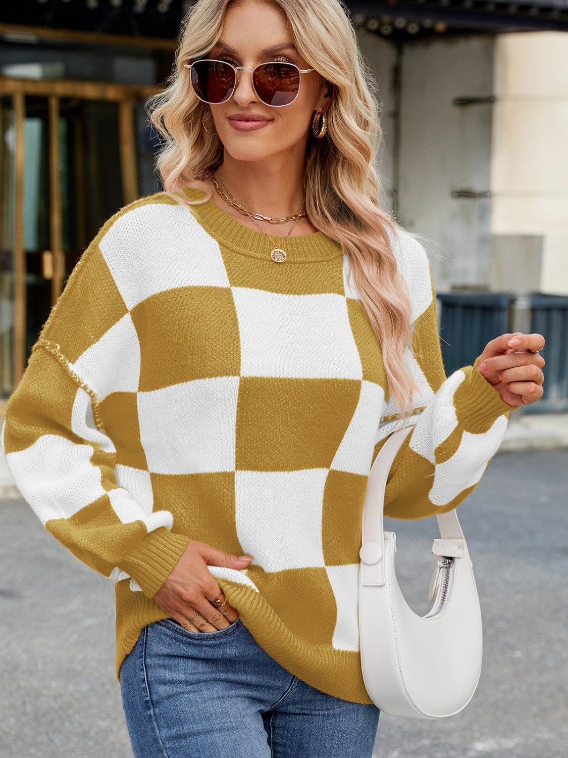 Checkered Round Neck Long Sleeve Sweater-TOPS / DRESSES-[Adult]-[Female]-Mustard-S-2022 Online Blue Zone Planet