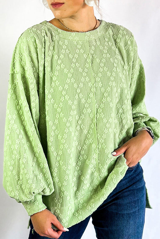 Blue Zone Planet | Light Green Solid Color Textured Side Split Crew Neck Blouse-Tops/Blouses & Shirts-[Adult]-[Female]-Light Green-S-2022 Online Blue Zone Planet