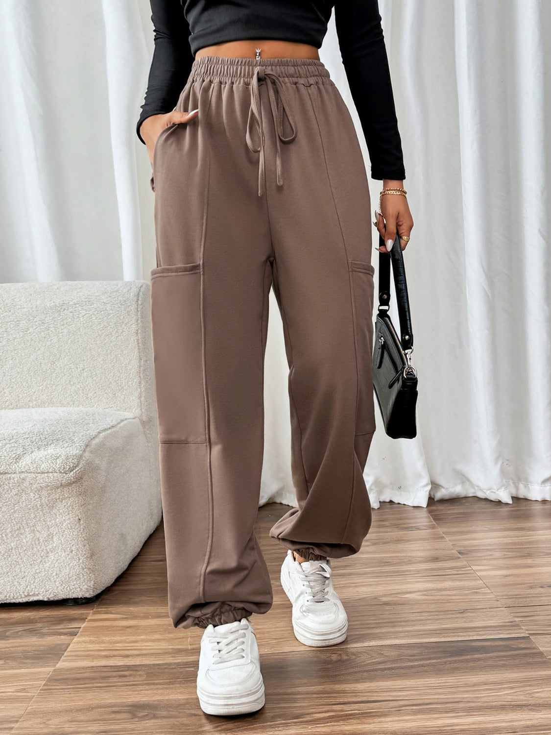 Tied Joggers with Pockets-BOTTOMS SIZES SMALL MEDIUM LARGE-[Adult]-[Female]-Taupe-S-2022 Online Blue Zone Planet