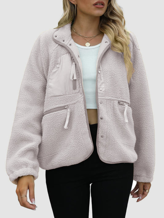 Pocketed Snap Down Sherpa Jacket-TOPS / DRESSES-[Adult]-[Female]-Light Gray-S-2022 Online Blue Zone Planet