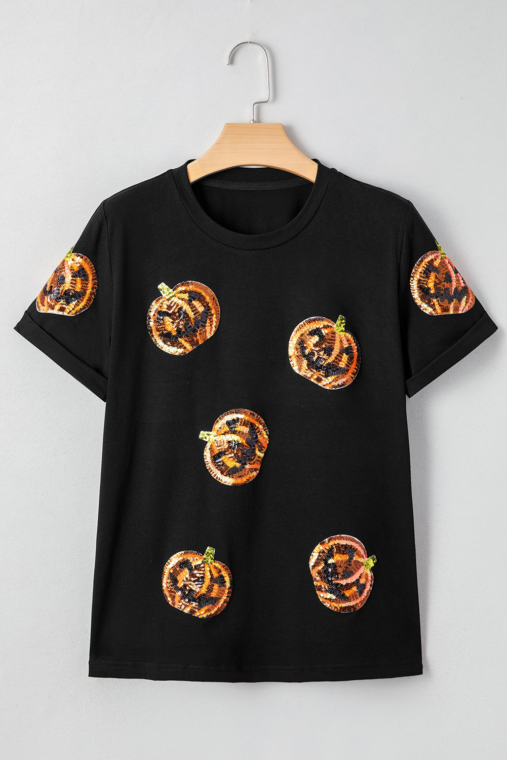 Black Sequin Pumpkin Face Halloween T Shirt-Graphic/Graphic Tees-[Adult]-[Female]-2022 Online Blue Zone Planet