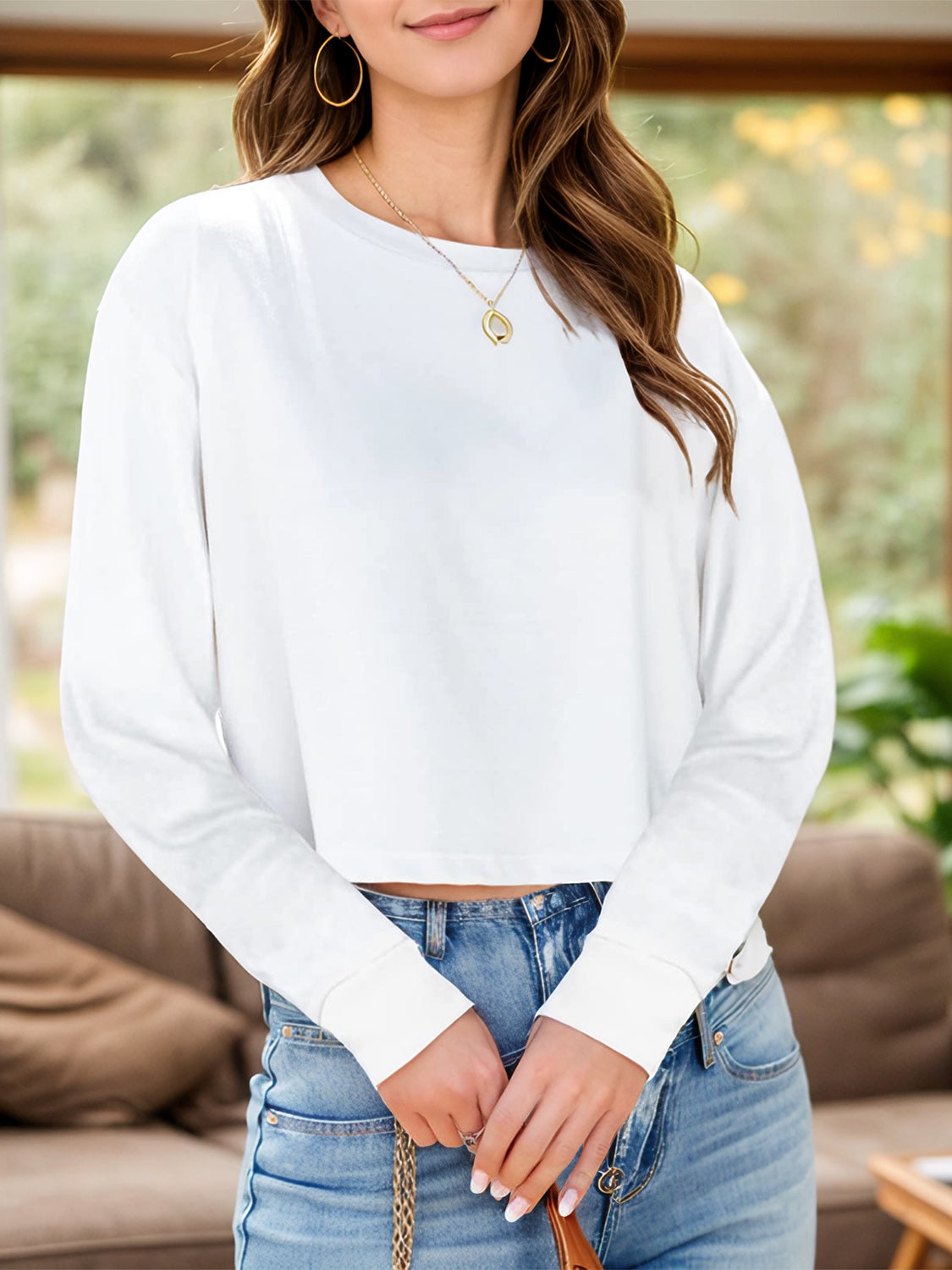 Round Neck Dropped Shoulder Long Sleeve T-Shirt-TOPS / DRESSES-[Adult]-[Female]-White-S-2022 Online Blue Zone Planet