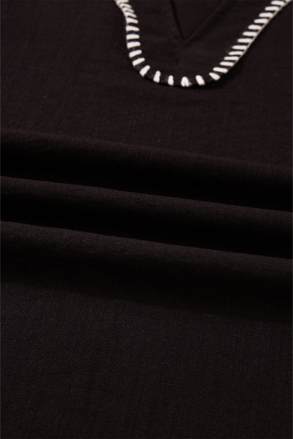 Black Contrast Stitched Detail V Neck Ruffle Long Sleeve Blouse-Tops/Blouses & Shirts-[Adult]-[Female]-2022 Online Blue Zone Planet