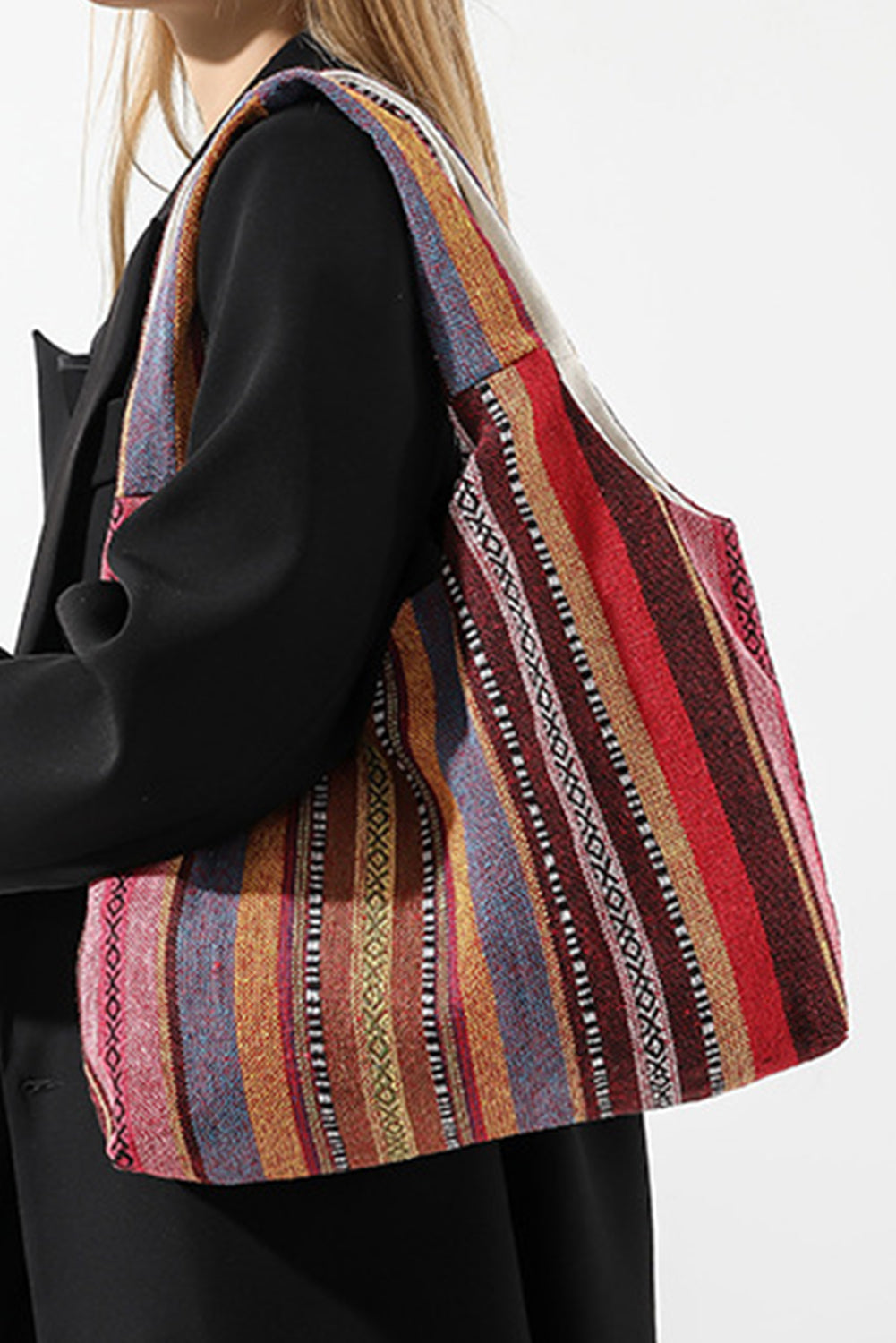 Fiery Red Ethnic Striped Canvas Tote Bag-Tote Bags-[Adult]-[Female]-Fiery Red-ONE SIZE-2022 Online Blue Zone Planet