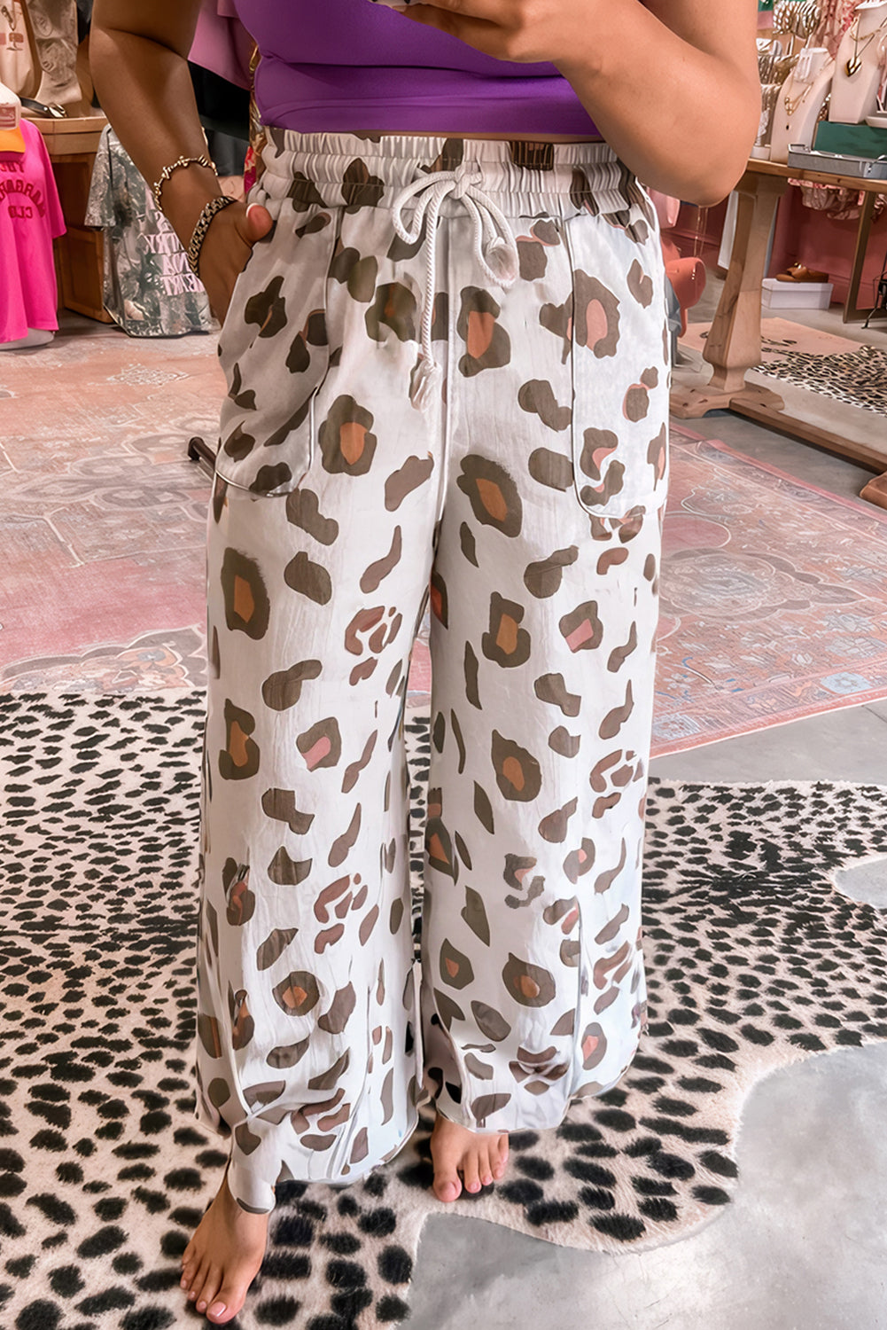 Beige Drawstring Leopard Print Patch Pocket Loose Pants-Bottoms/Pants & Culotte-[Adult]-[Female]-Beige-S-2022 Online Blue Zone Planet