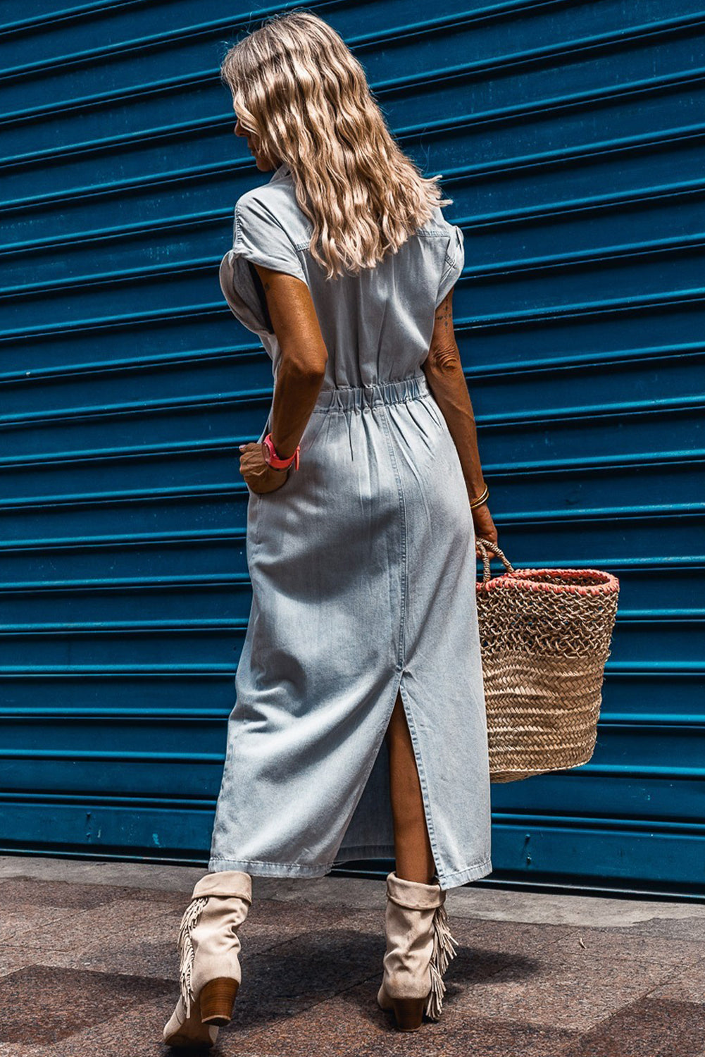 Blue Zone Planet | Beau Blue Short Batwing Sleeve Slit Back Denim Dress-TOPS / DRESSES-[Adult]-[Female]-2022 Online Blue Zone Planet